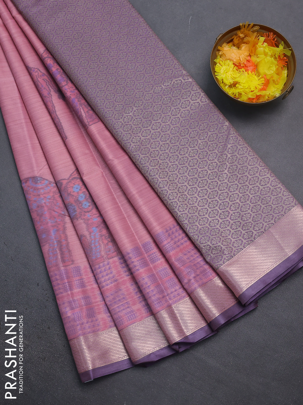 Bangalori semi silk saree pastel peach pink and violet shade with allover elephant ikat butta weaves and zari woven border