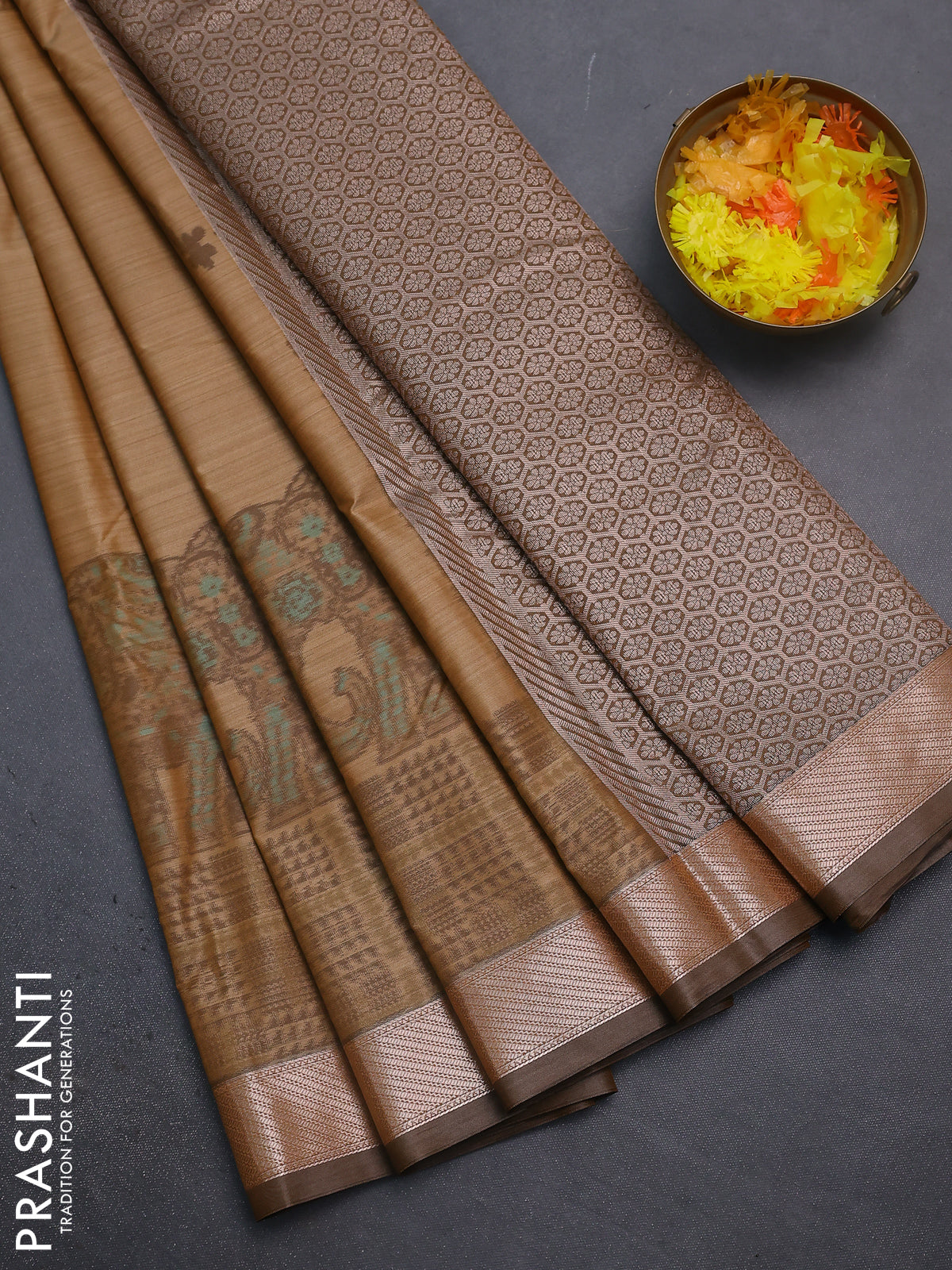 Bangalori semi silk saree dark sandal and brown with allover elephant ikat butta weaves and zari woven border