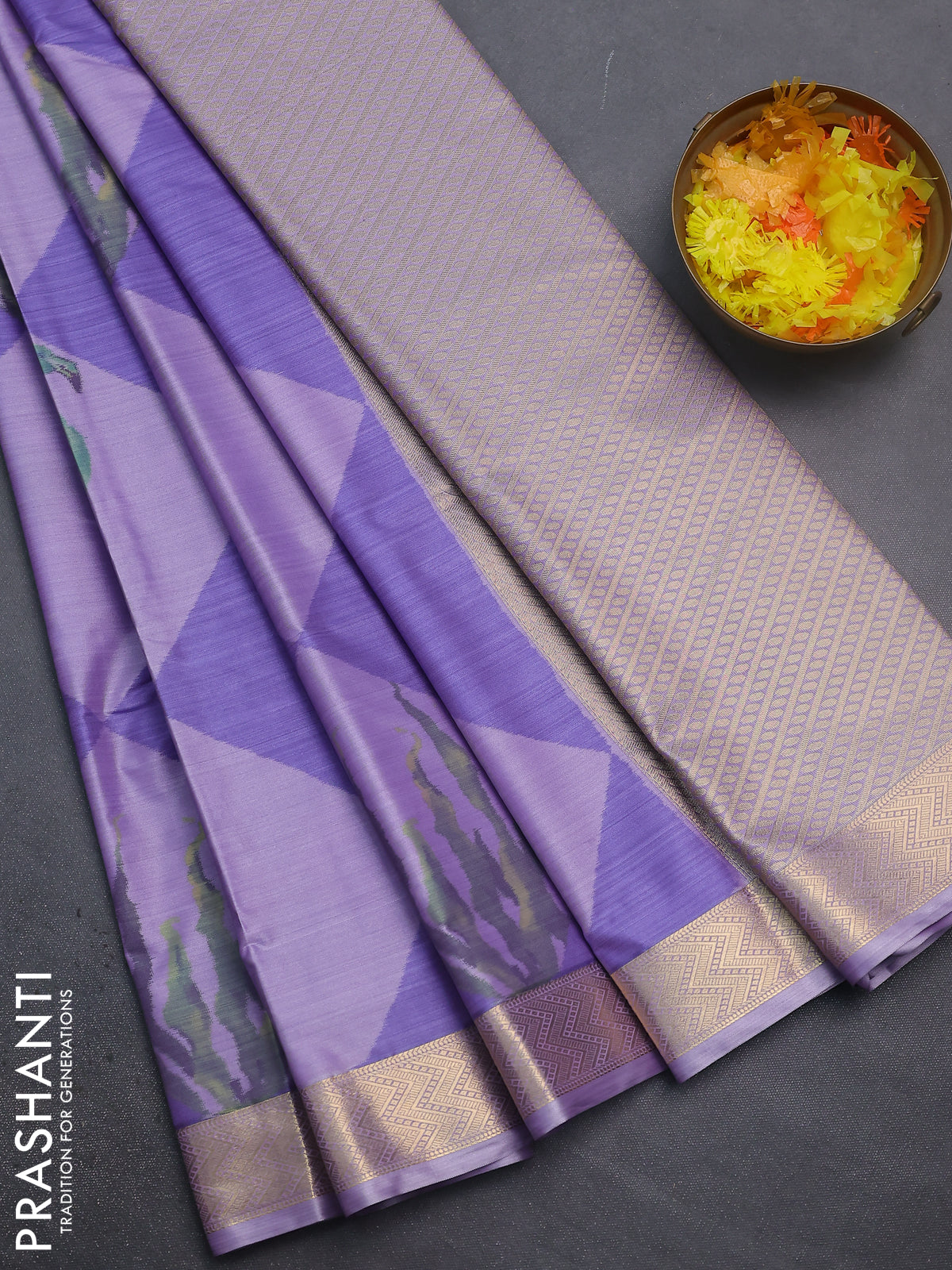 Bangalori semi silk saree pastel lavender with allover ikat weaves and zari woven border