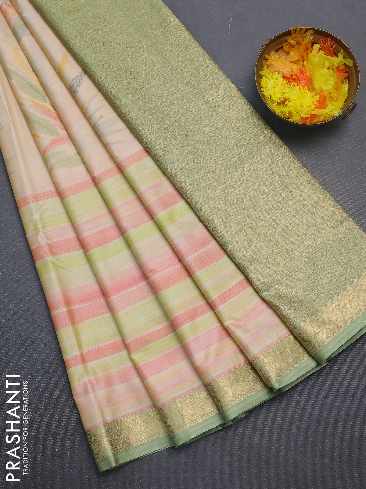 Bangalori semi silk saree sandal and green with allover ikat weaves and zari woven border