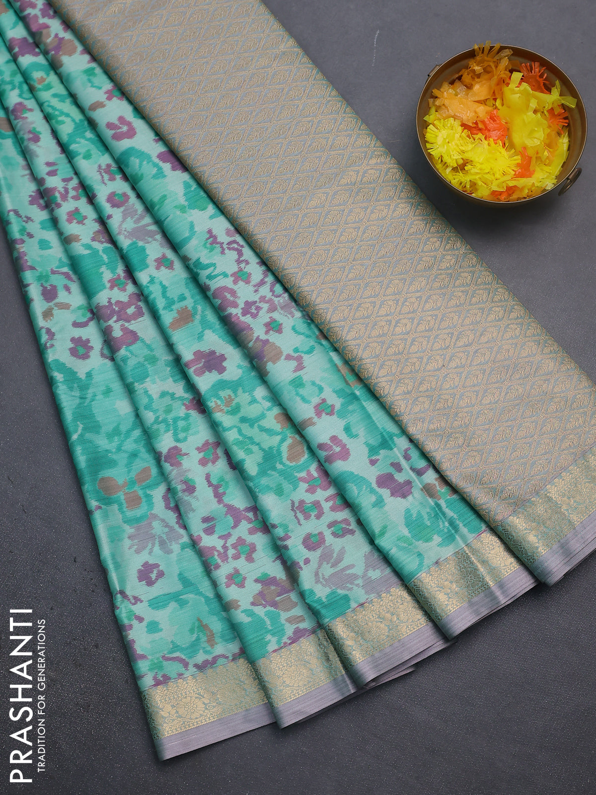 Bangalori semi silk saree teal green shade with allover ikat weaves and zari woven border