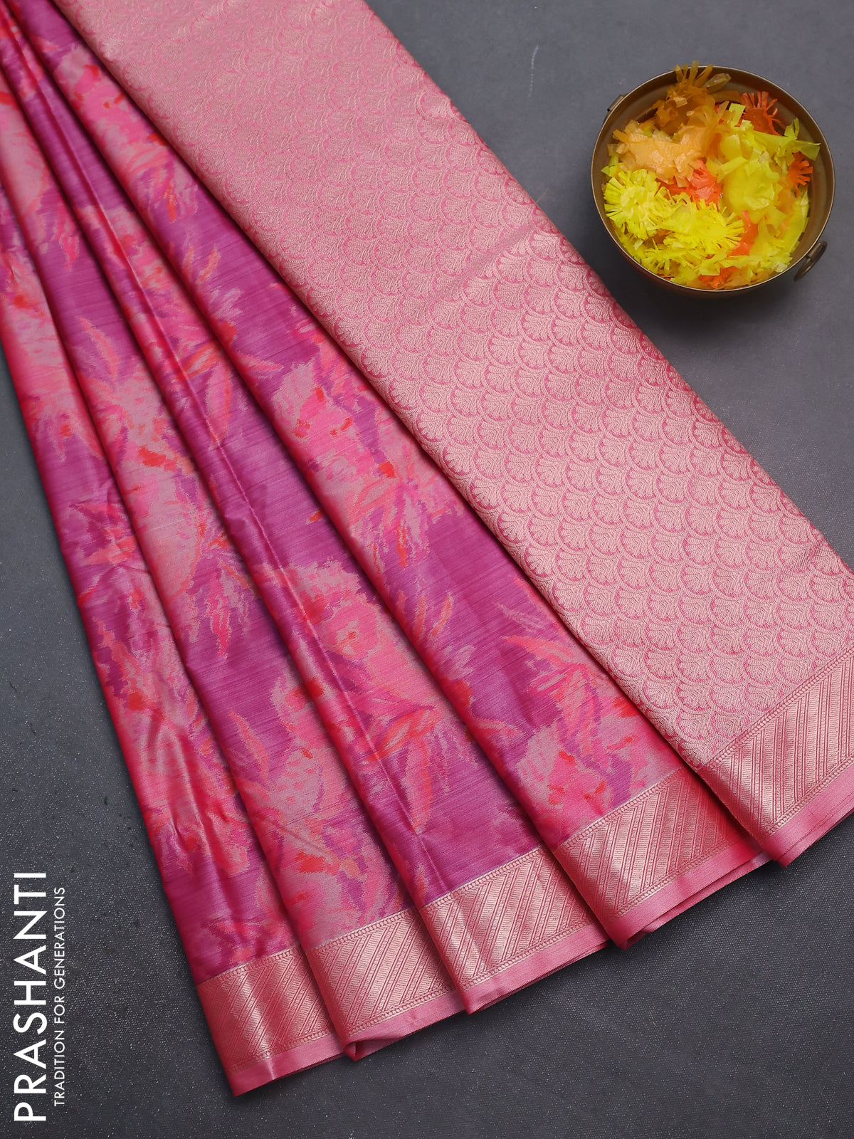 Bangalori semi silk saree peach pink with floral design ikat weaves and zari woven border
