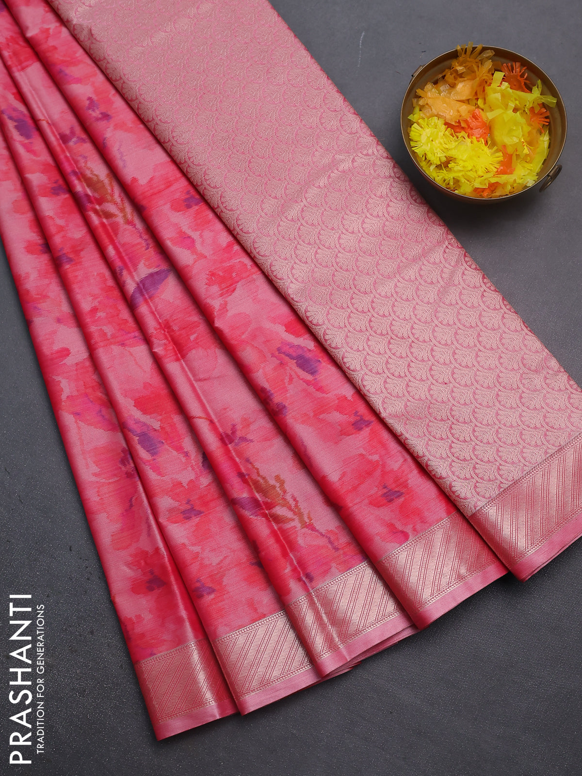 Bangalori semi silk saree peach shade with floral design ikat weaves and zari woven border