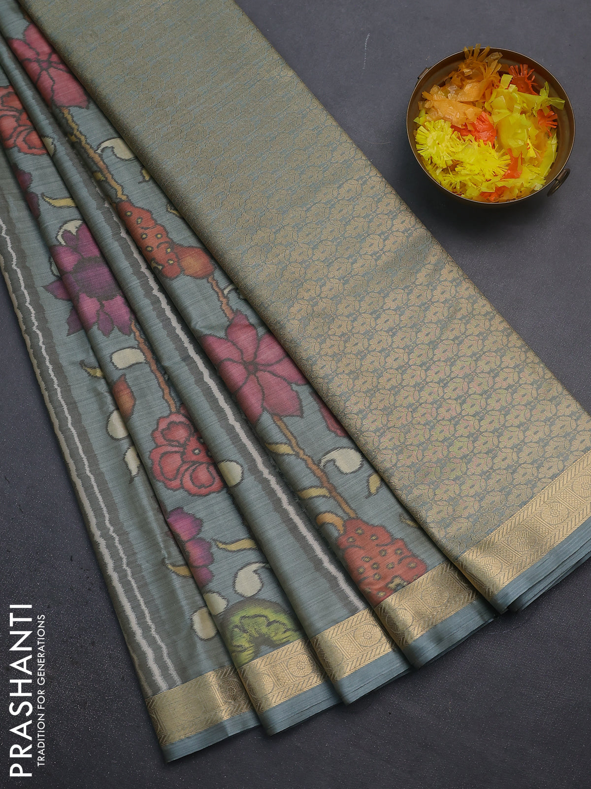 Bangalori semi silk saree grey shade with allover ikat weaves and zari woven border