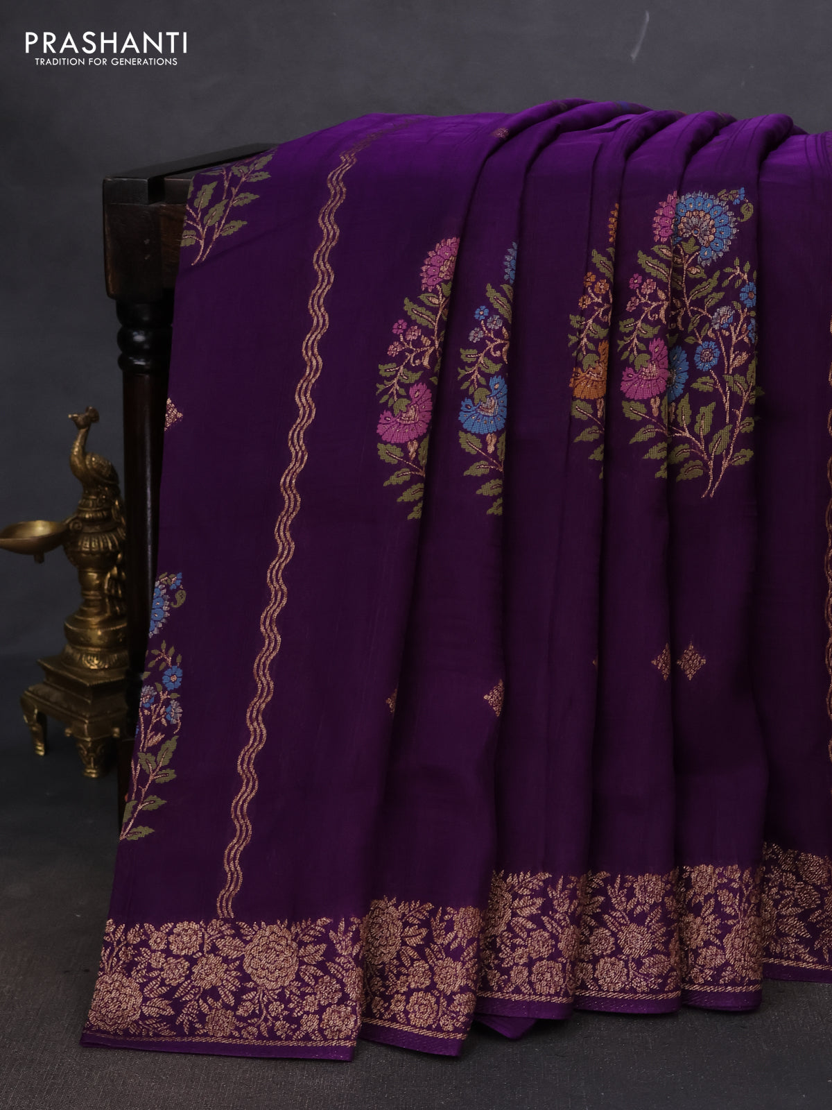 Banarasi semi raw silk saree violet with allover thread & zari weaves and woven border