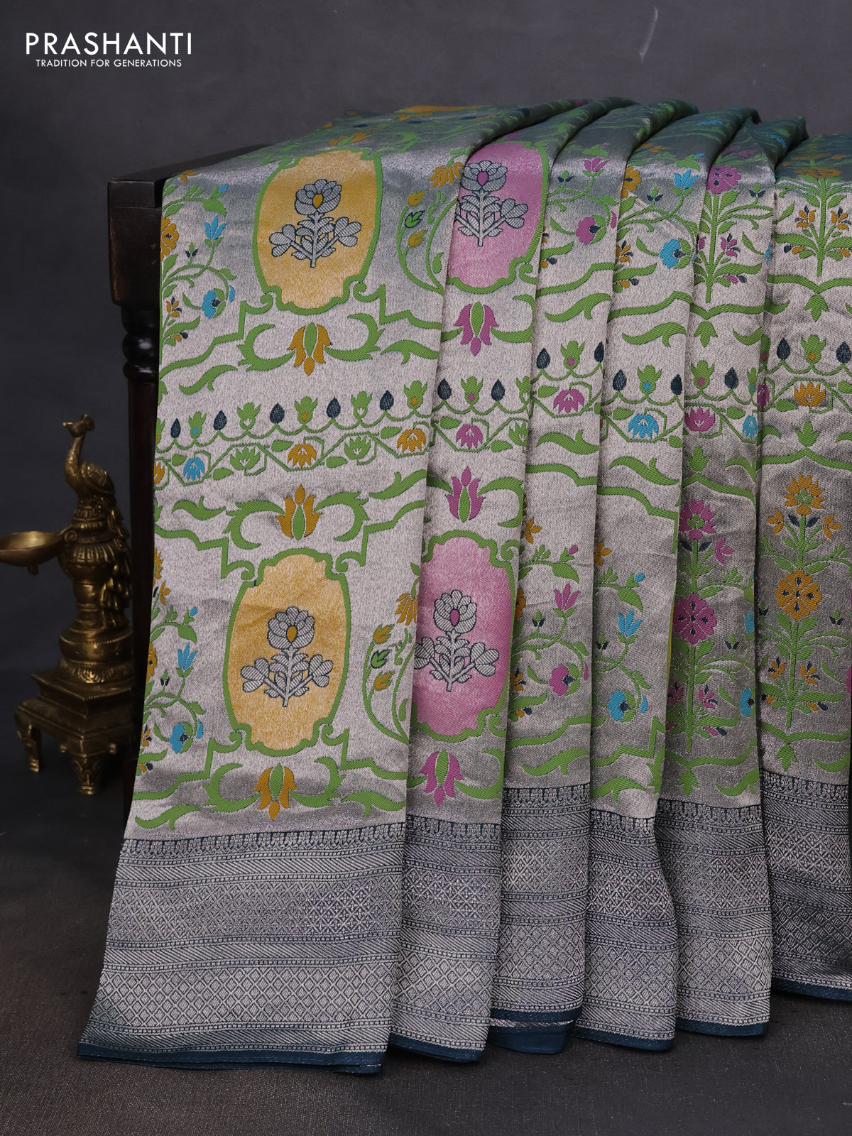 Banarasi semi raw silk saree peacock blue with allover zari woven paithani weaves and zari woven border