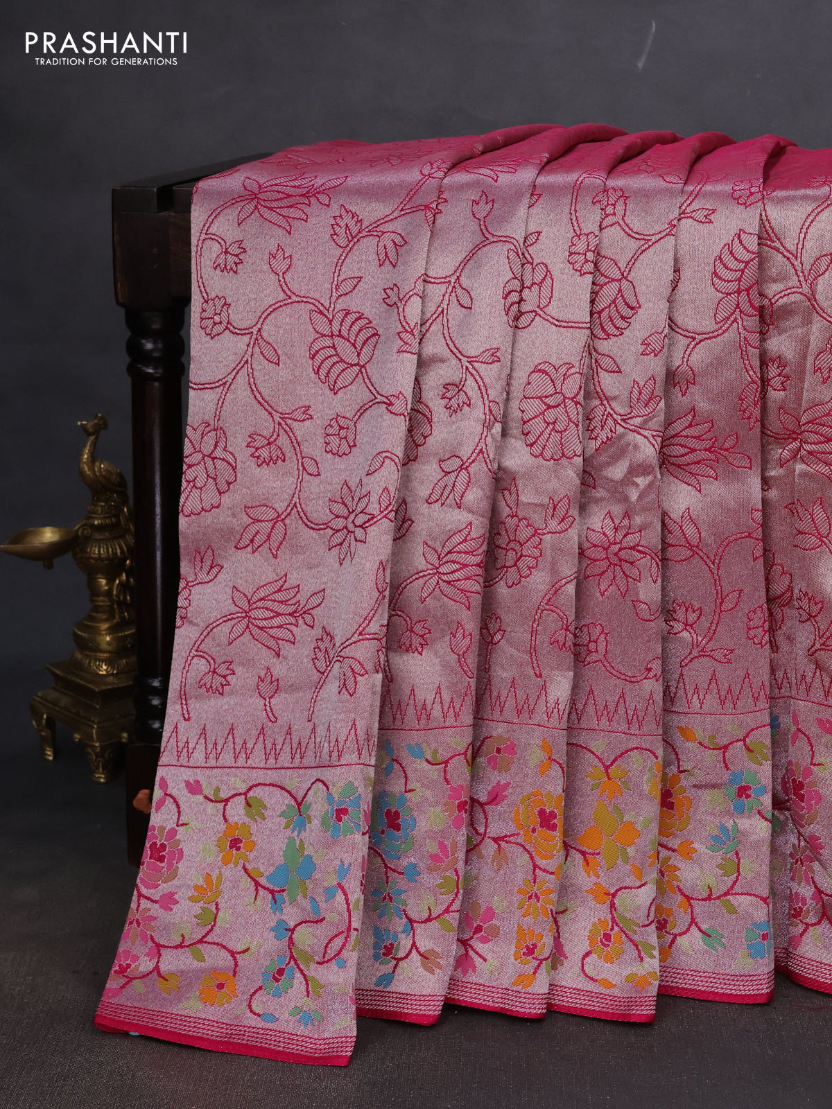 Banarasi semi raw silk saree pink with allover silver zari woven floral weaves and floral design paithani border