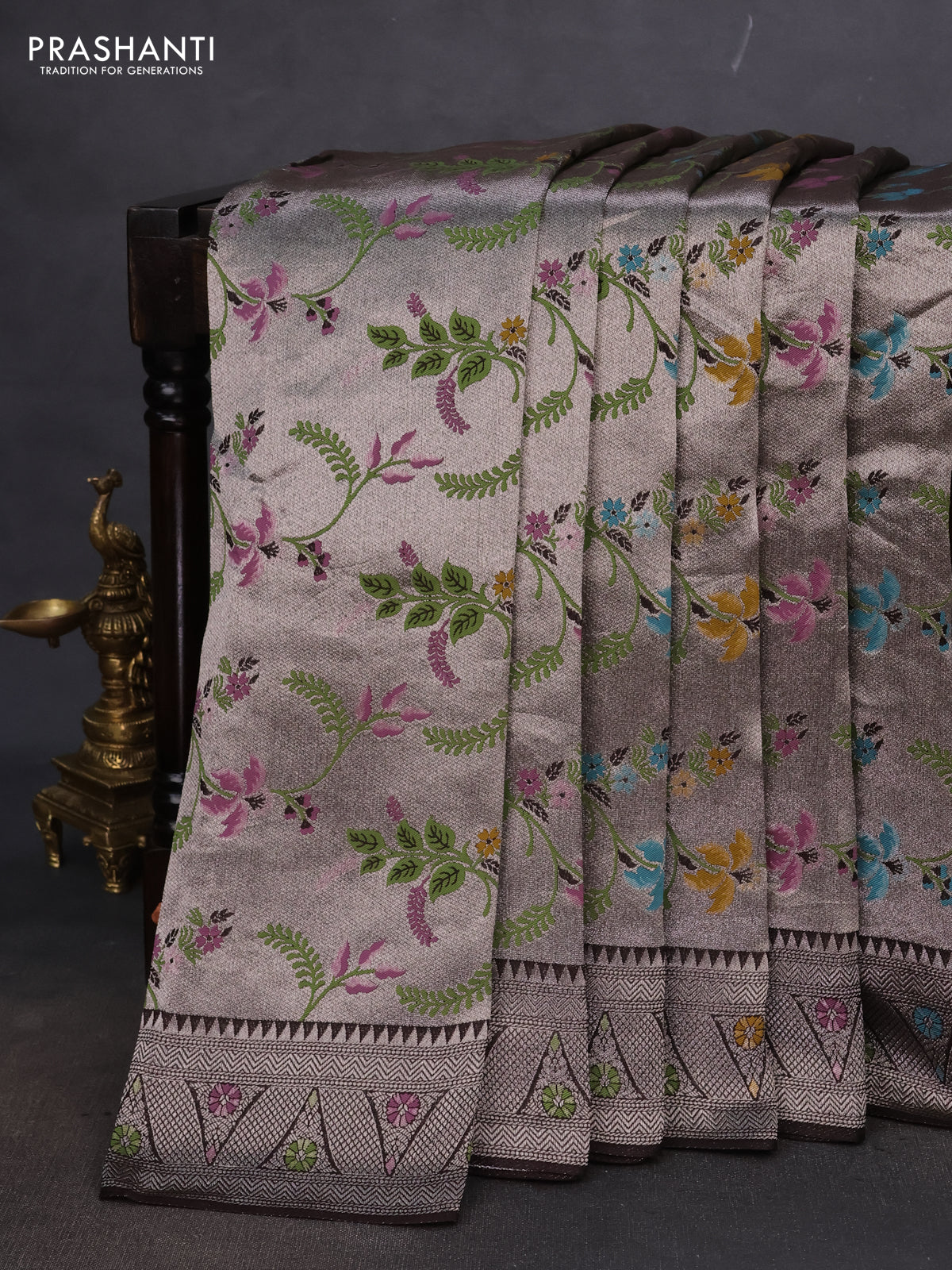 Banarasi semi raw silk saree coffee brown with allover silver zari woven paithani weaves and silver zari woven border