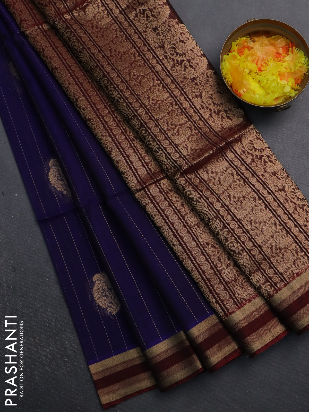 Kora silk cotton saree blue and maroon with allover zari stripes pattern and zari woven border