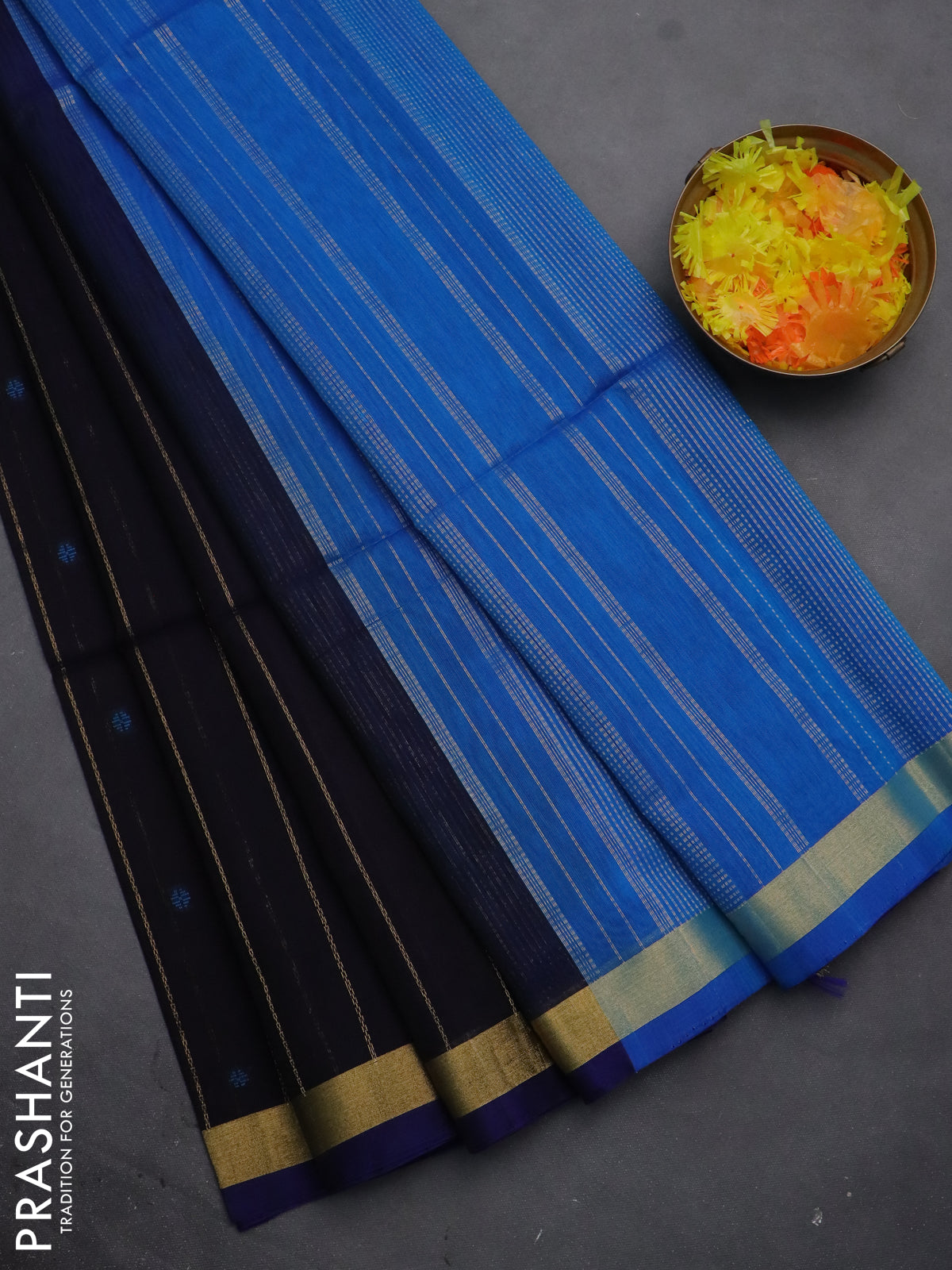 Kora silk cotton saree black and cs blue with allover thread & zari weaves and zari woven border