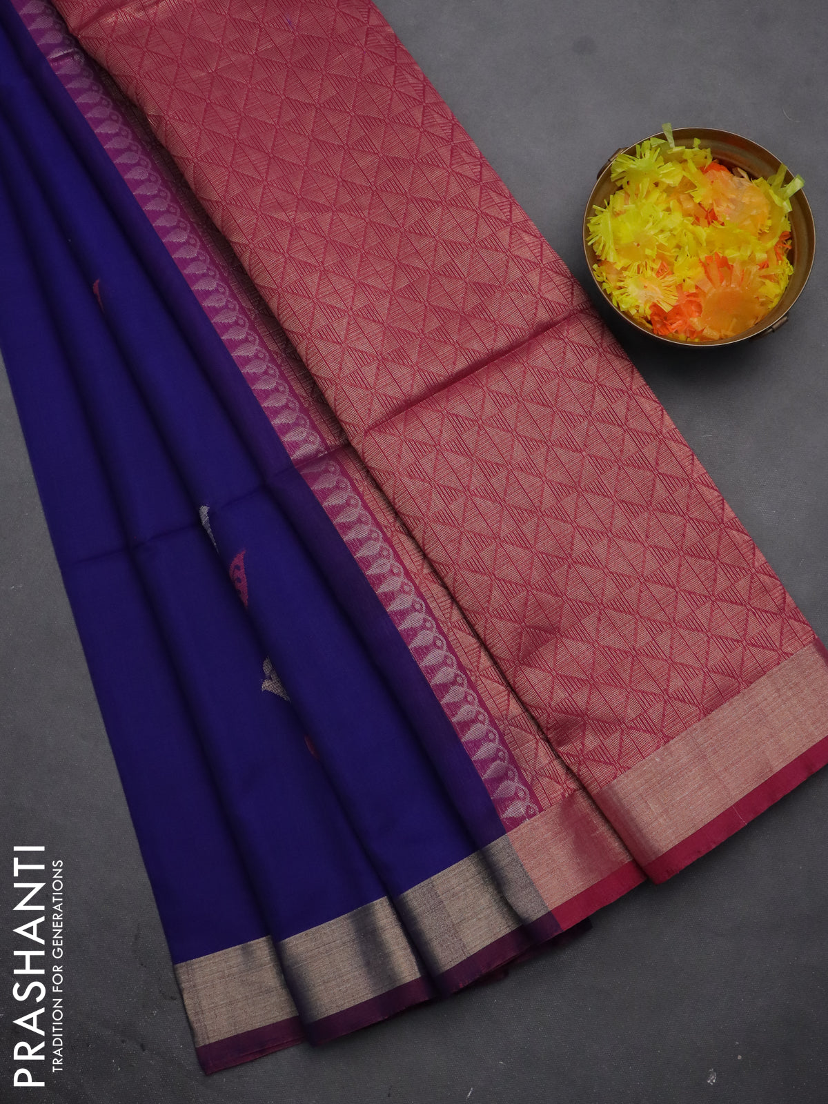 Kora silk cotton saree blue and mauve pink with thread & zari woven floral buttas and zari woven border