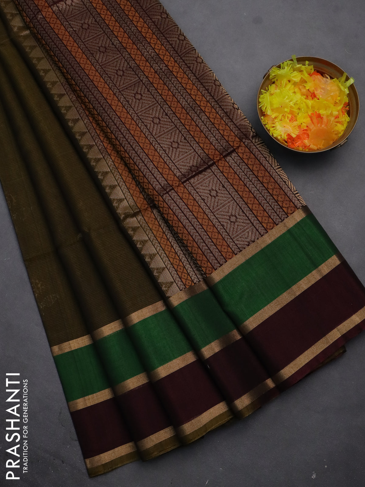 Kora silk cotton saree dark mehendi green and deep maroon with silver & gold zari woven floral buttas and long zari woven border
