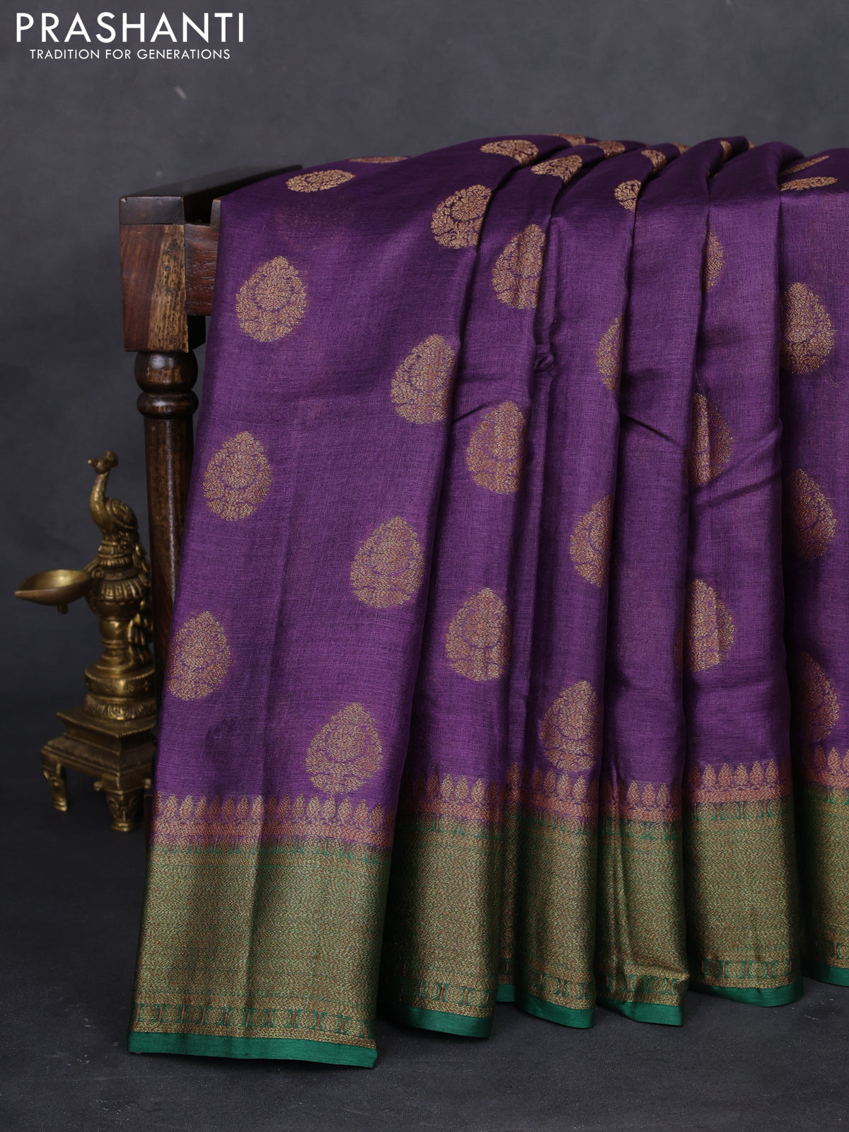 Banarasi tussar silk saree purple and green with thread & zari woven buttas and woven border