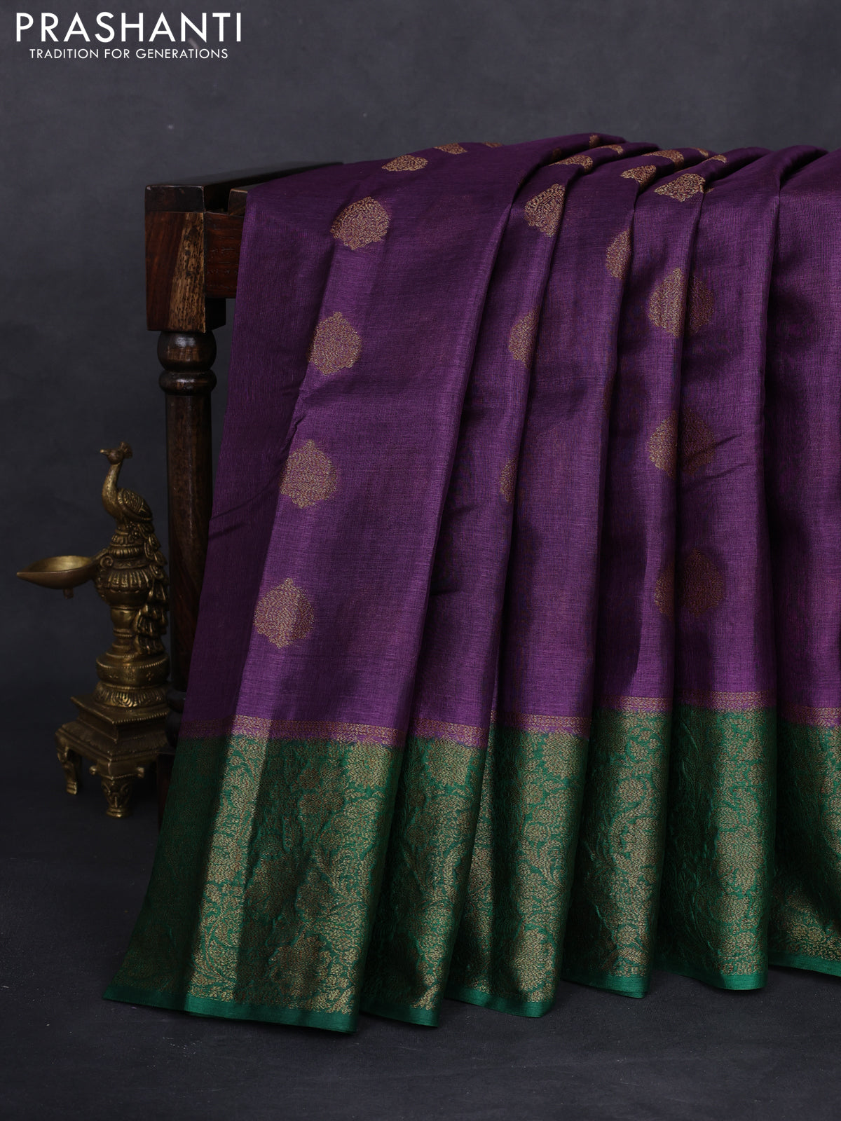 Banarasi tussar silk saree purple and green with thread & zari woven buttas and woven border