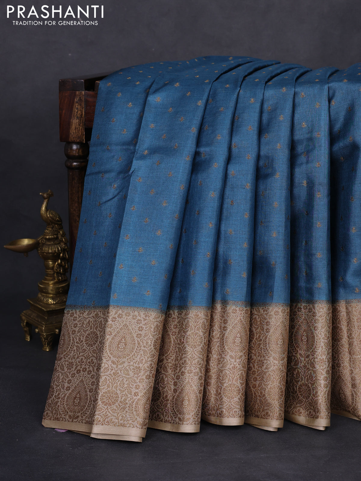 Banarasi tussar silk saree peacock blue and beige with allover thread & zari woven buttas and woven border