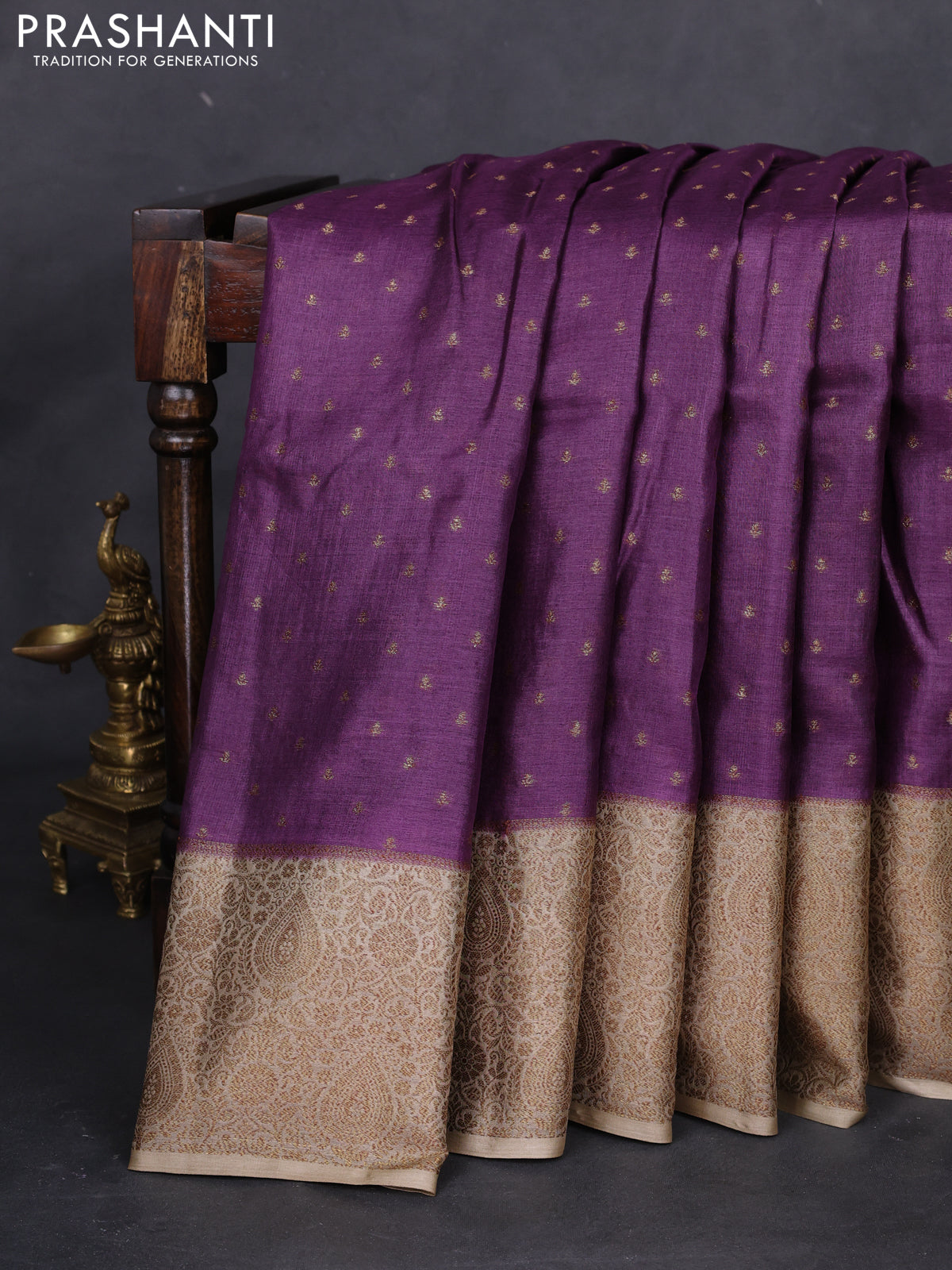 Banarasi tussar silk saree purple and beige with allover thread & zari woven buttas and woven border