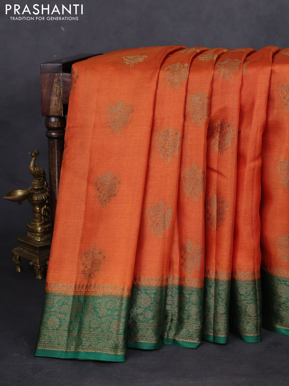Banarasi tussar silk saree orange and green with thread & zari woven buttas and woven border