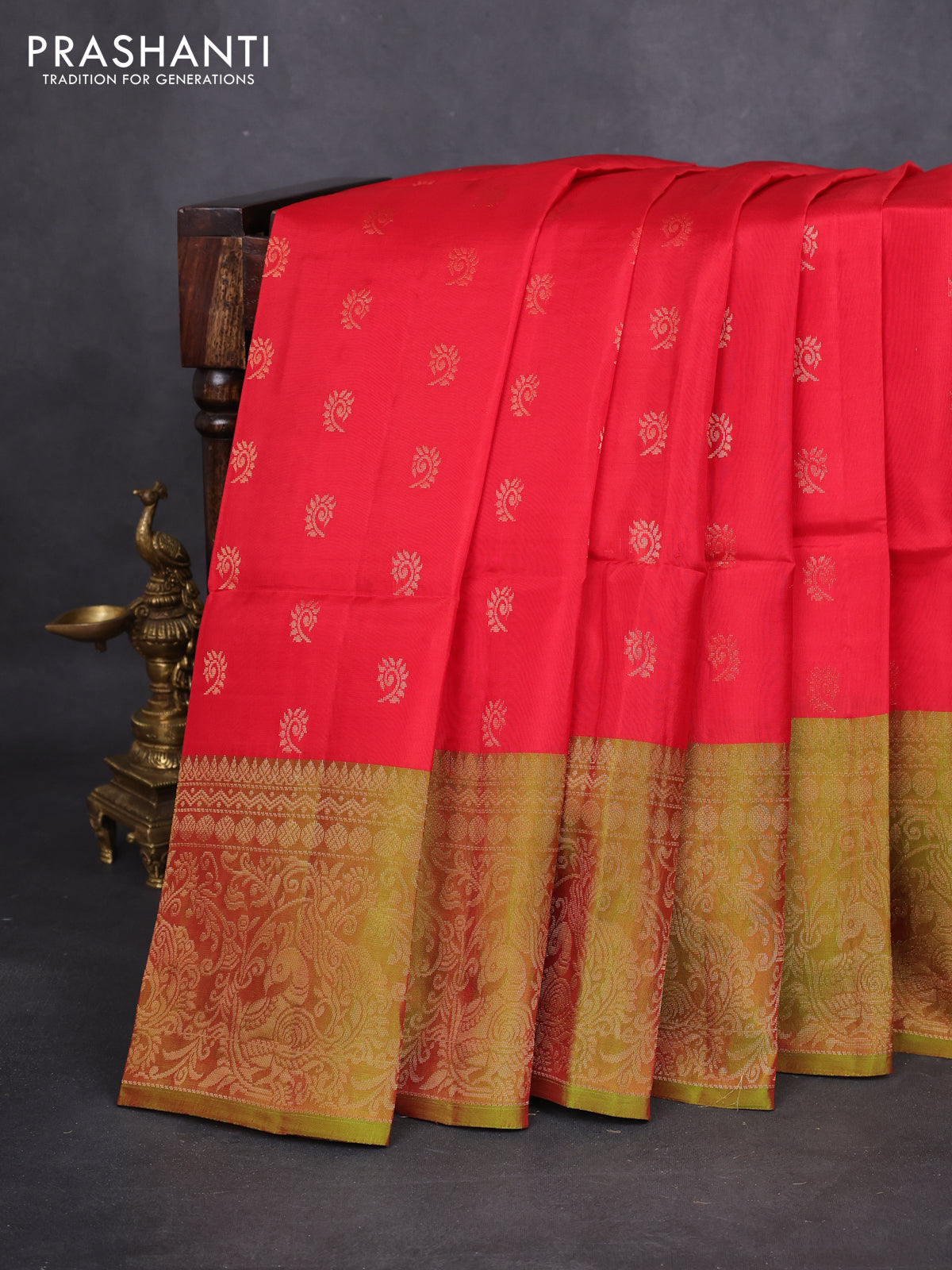 Kanchipuram soft silk saree red and dual shade of greenish red with allover zari woven buttas and long zari woven border