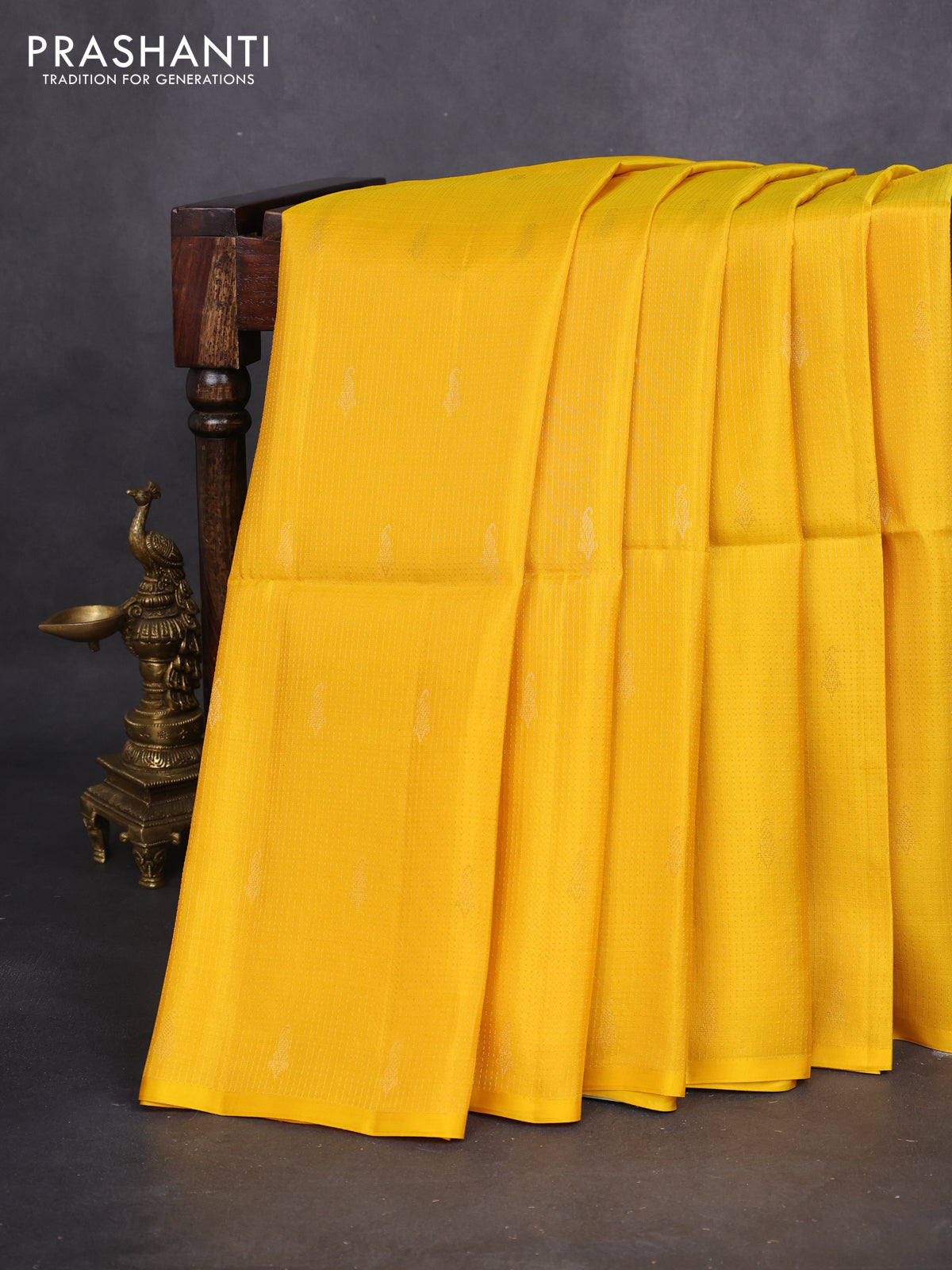 Kanchipuram soft silk saree yellow and pastel green with allover zari weaves in borderless style