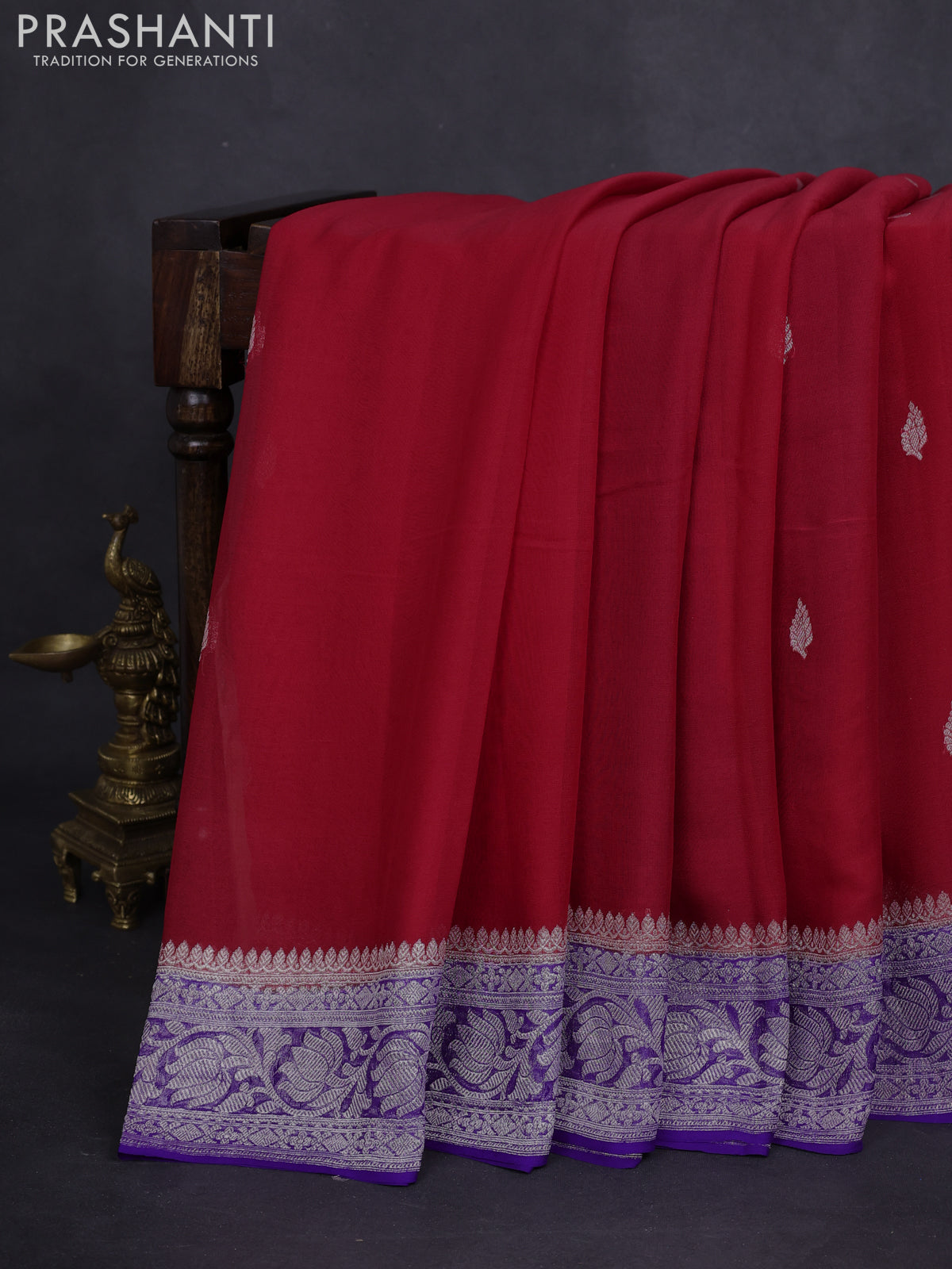 Banarasi chiffon silk saree tomato red and violet with silver zari woven buttas and floral silver zari woven border