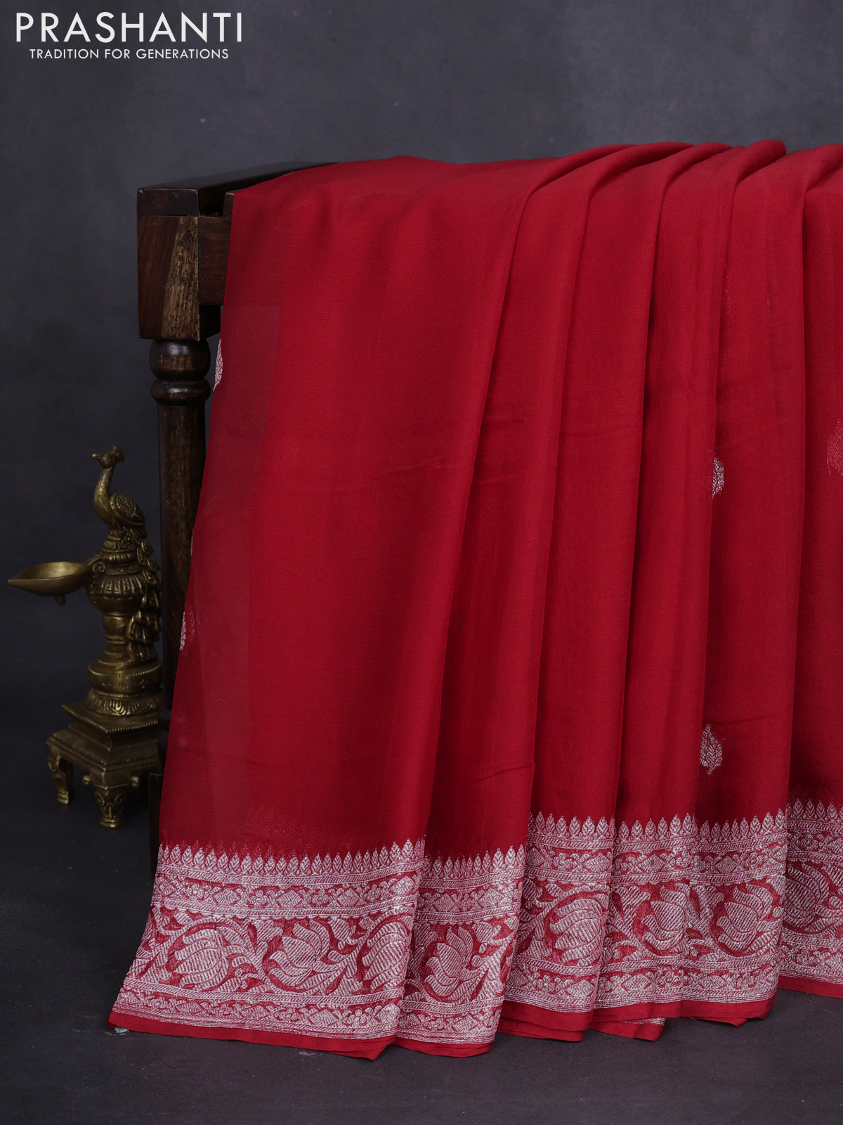 Banarasi chiffon silk saree red with silver zari woven buttas and floral silver zari woven border