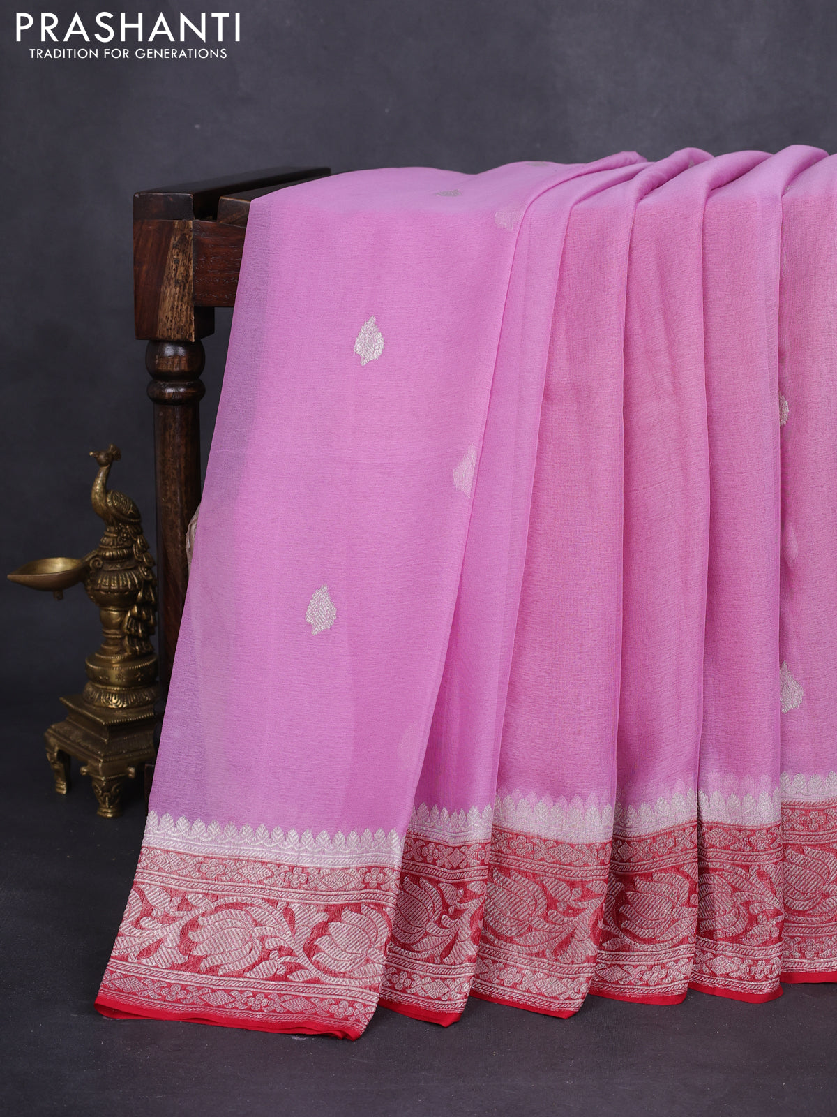 Banarasi chiffon silk saree lotus pink and red with silver zari woven buttas and floral silver zari woven border