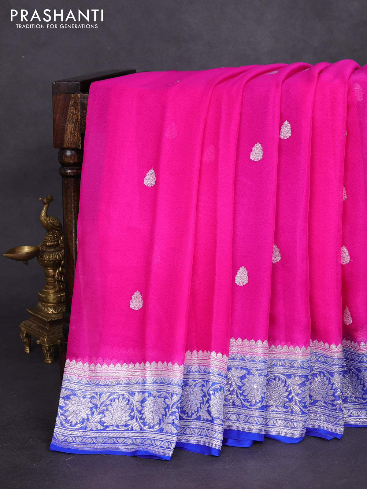 Banarasi chiffon silk saree pink and blue with silver zari woven buttas and floral silver zari woven border