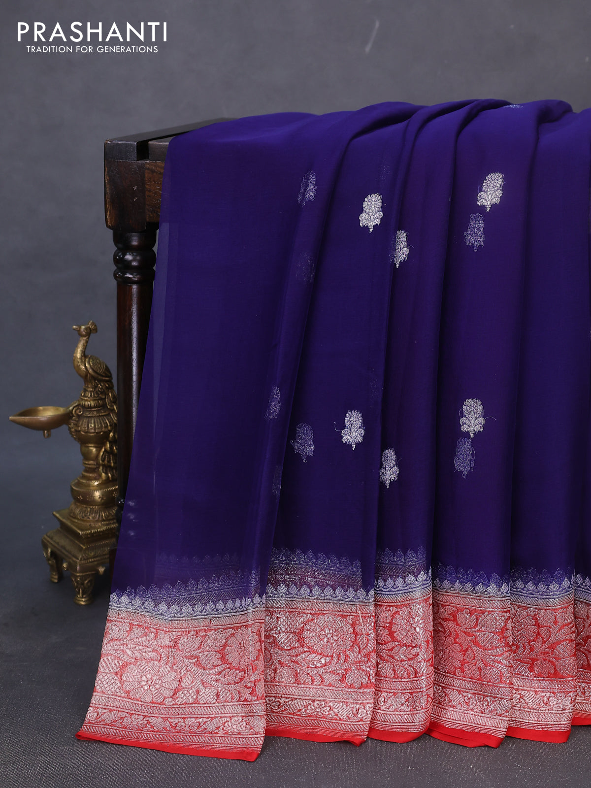 Banarasi chiffon silk saree blue and red with silver zari woven buttas and floral silver zari woven border