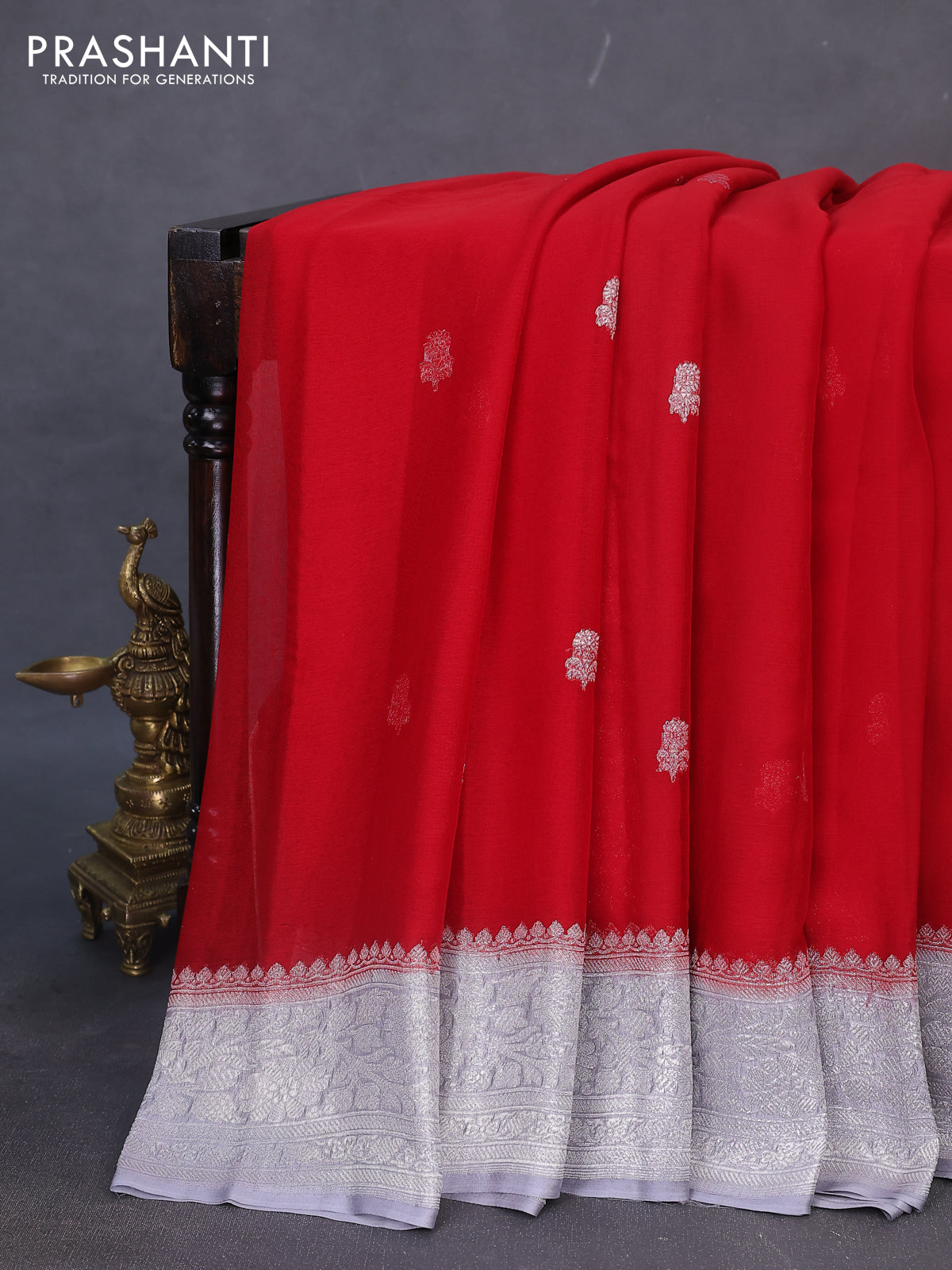 Banarasi chiffon silk saree red and grey with silver zari woven buttas and floral silver zari woven border