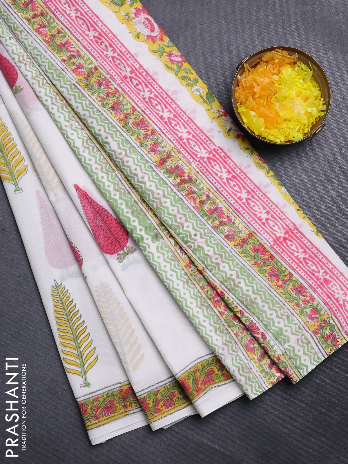 Jaipur cotton saree off white and yellow with butta prints and printed border