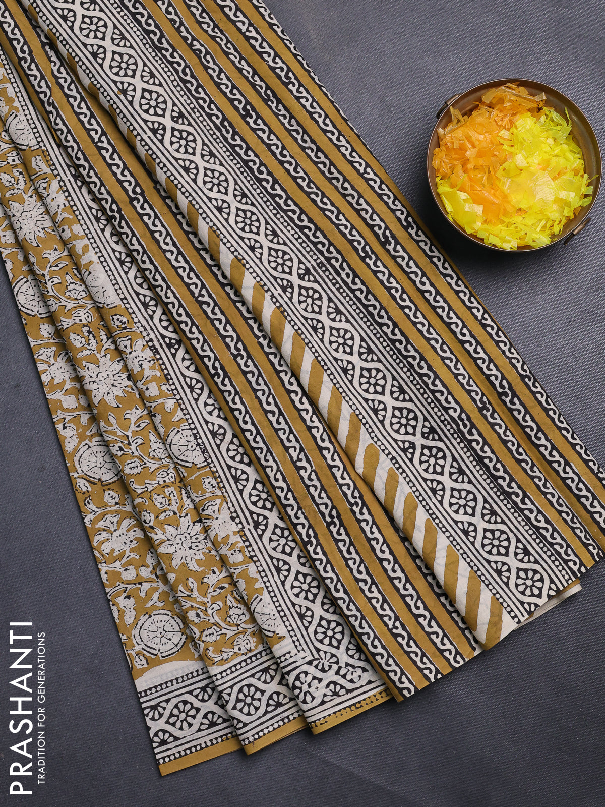 Jaipur cotton saree mustard and black with allover kalamkari prints and printed border