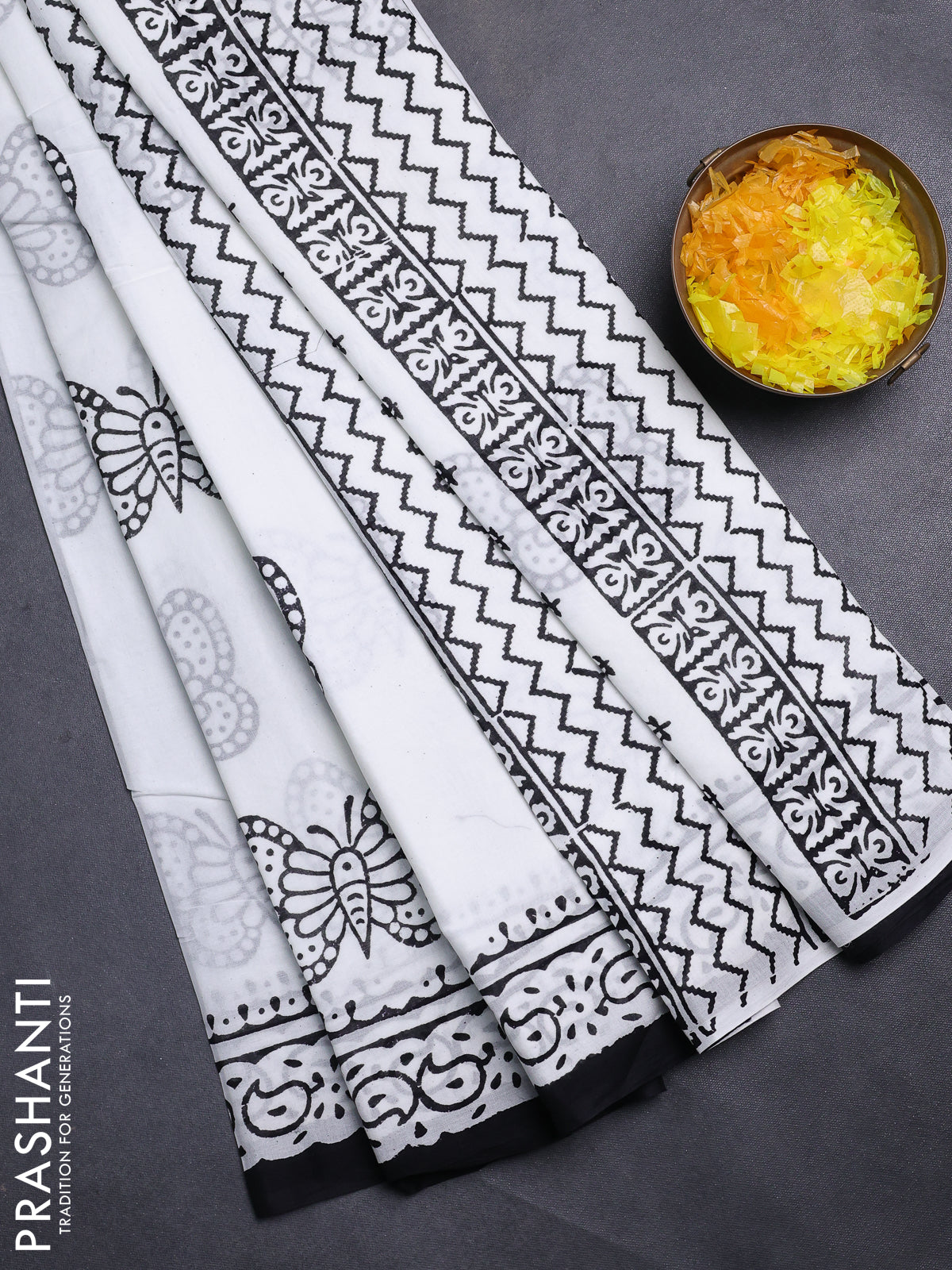 Jaipur cotton saree off white and black with butterfly butta prints and printed border