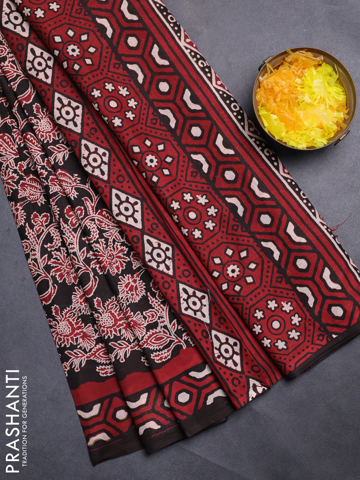 Jaipur cotton saree black and maroon with allover kalamkari prints and printed border