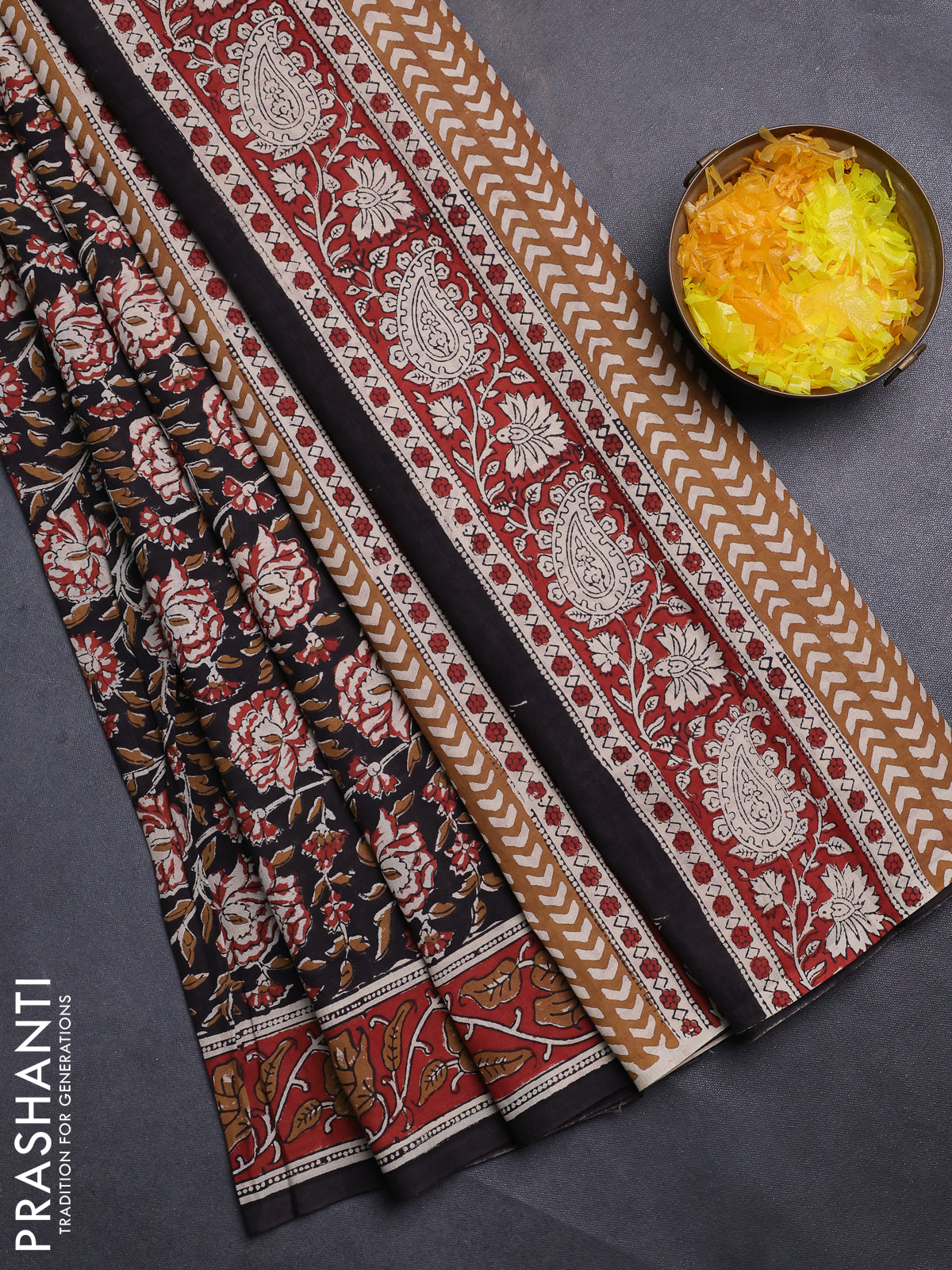 Jaipur cotton saree black and maroon with allover kalamkari prints and printed border