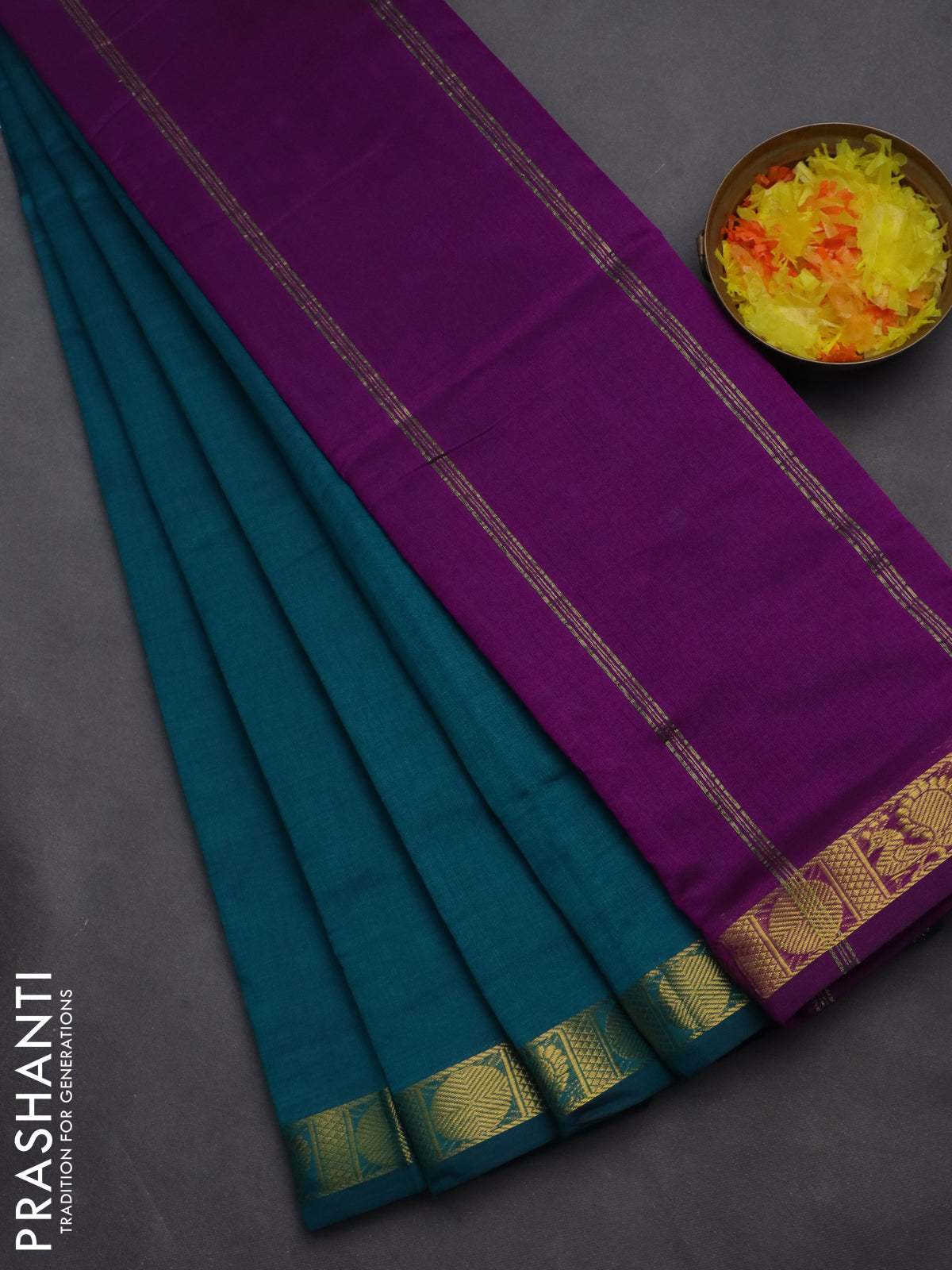 10 yards Poly cotton saree peacock green and purple with plain body and zari woven border
