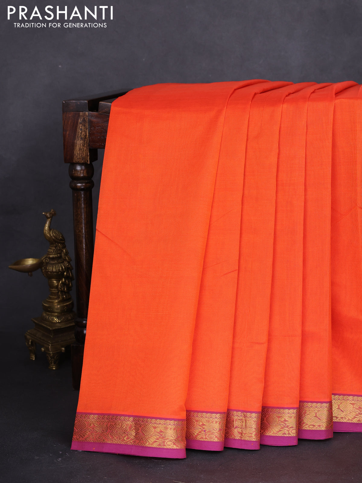 10 yards silk cotton saree orange and purple with plain body and zari woven border