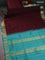 10 yards silk cotton saree deep maroon and teal blue with plain body and zari woven border