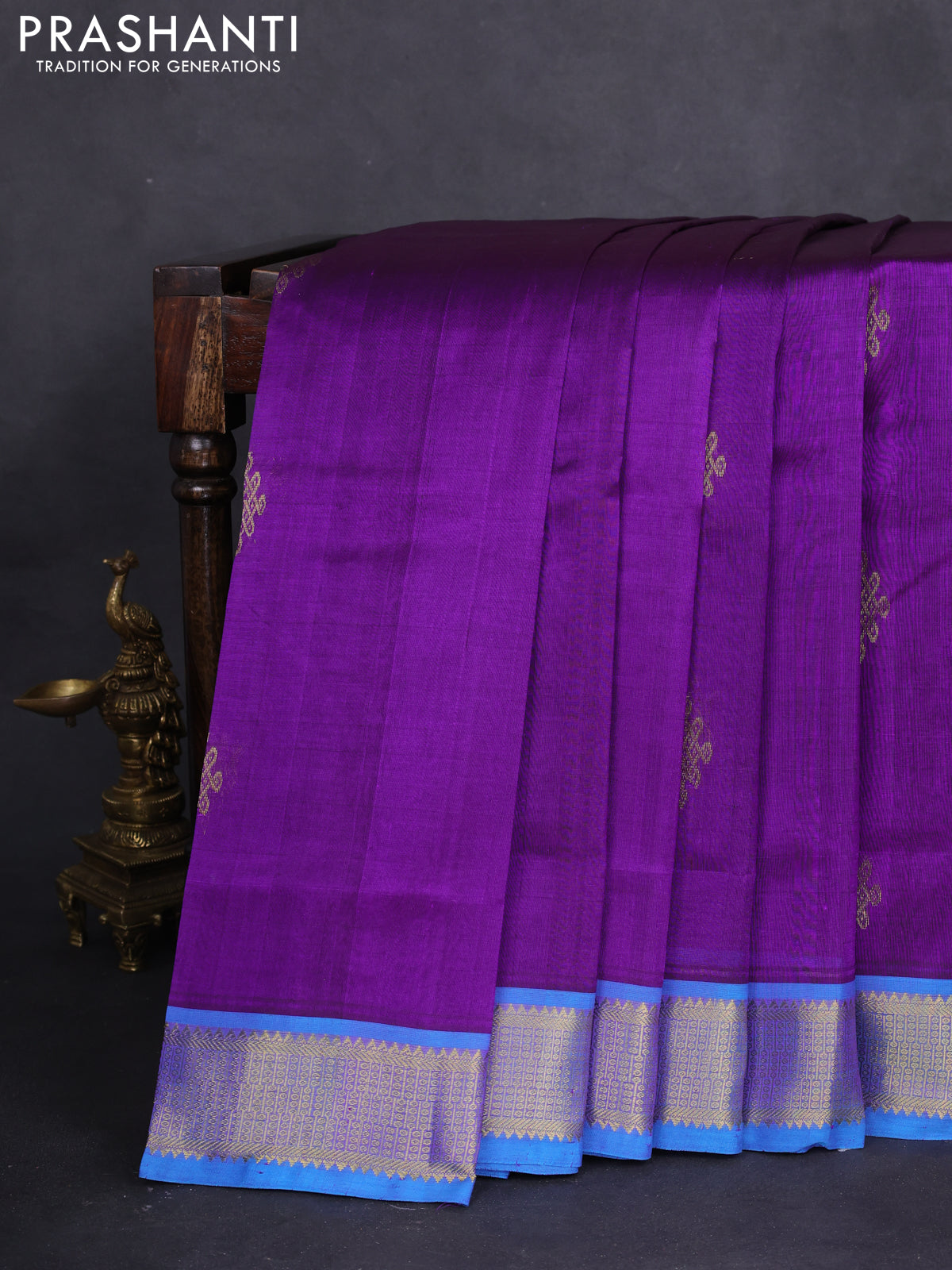 10 yards silk cotton saree violet and cs blue with zari woven buttas and zari woven border