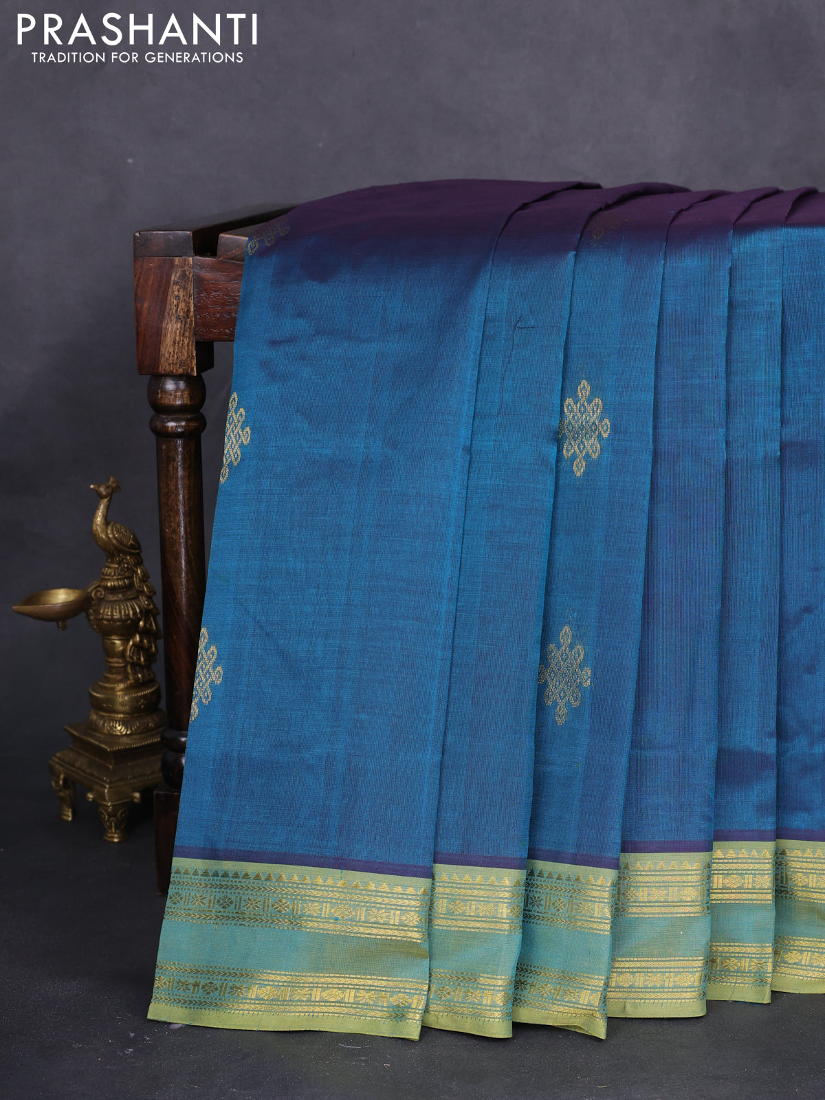 10 yards silk cotton saree peacock green and light green with rangoli design zari buttas and zari woven border