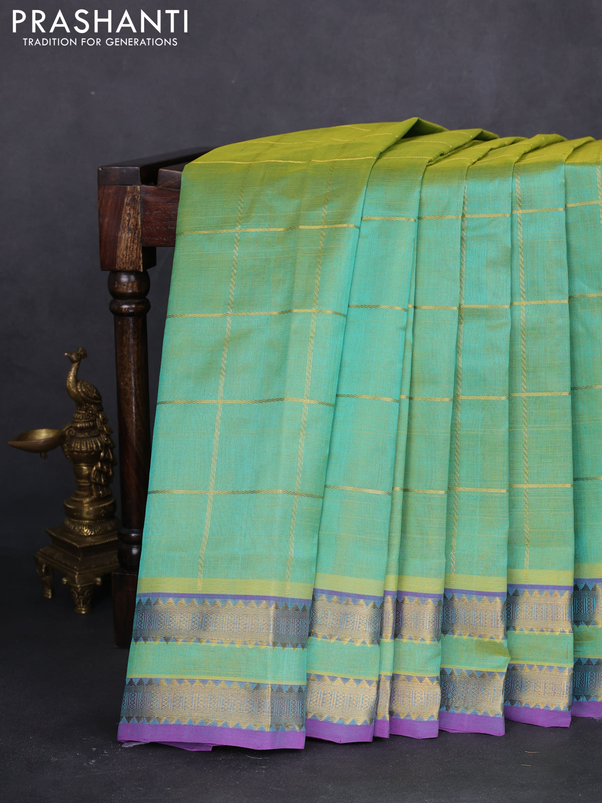 10 yards silk cotton saree light green and violet with allover zari checked pattern and zari woven border