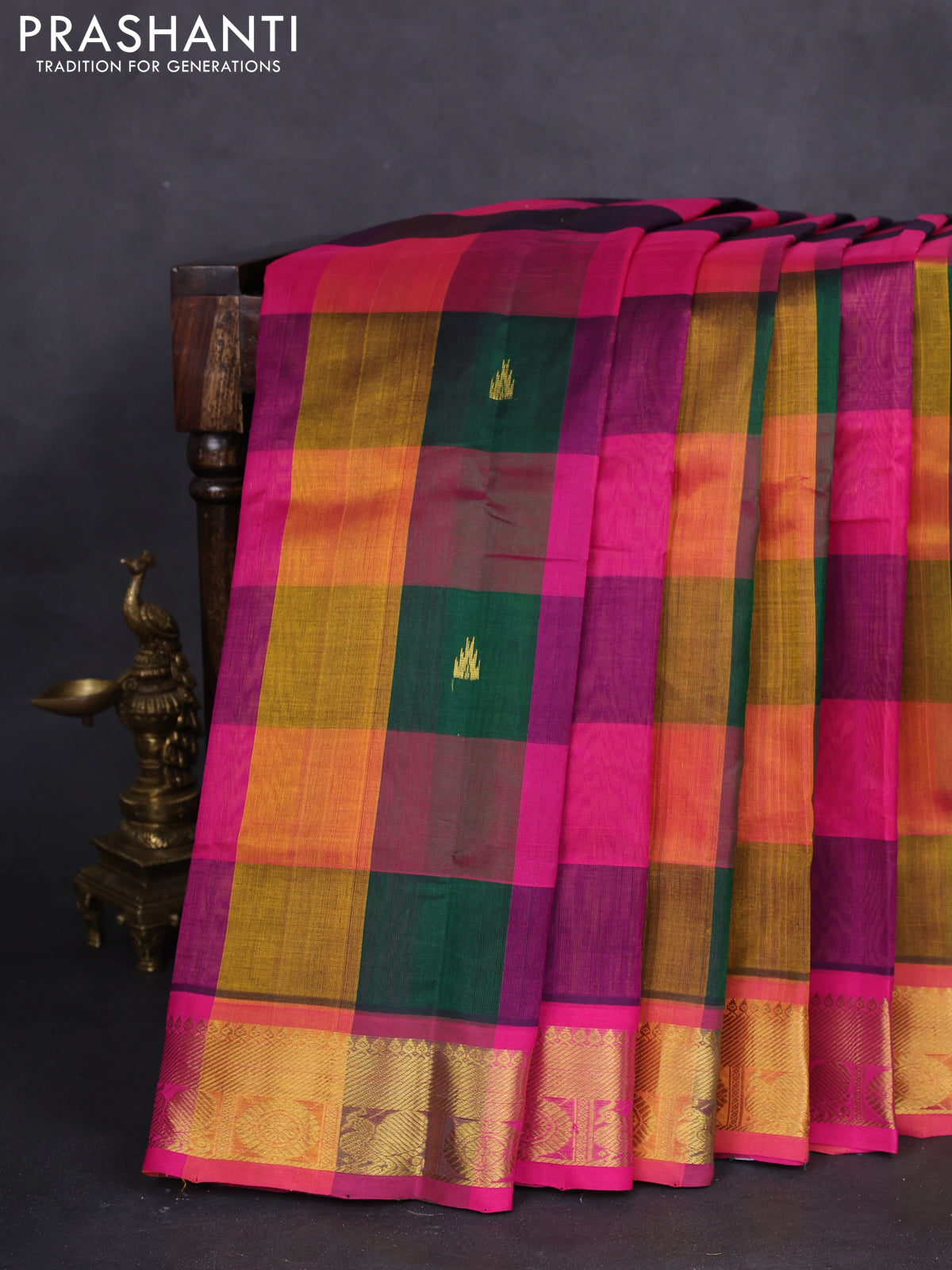 10 yards silk cotton saree multi colour and pink with allover paalum pazhamum checks & buttas and zari woven border