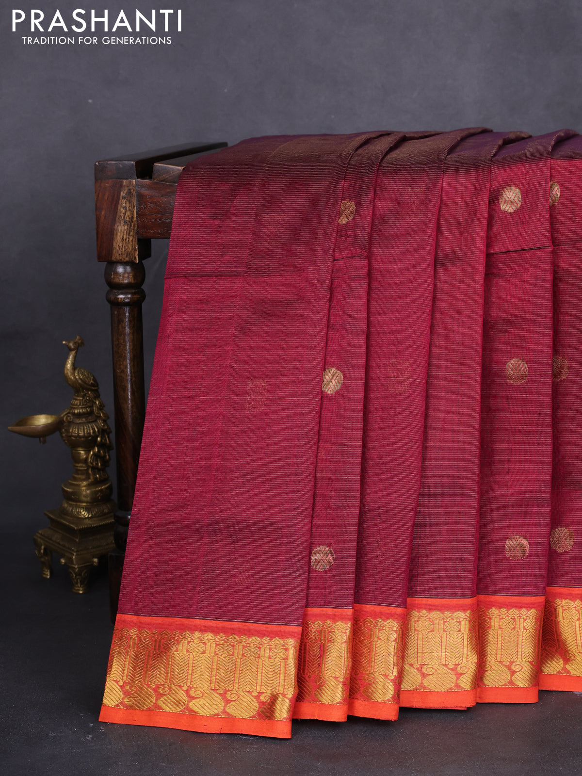 10 yards silk cotton saree maroon and dual shade of pinkish orange with allover vairaosi pattern & zari buttas and zari woven border