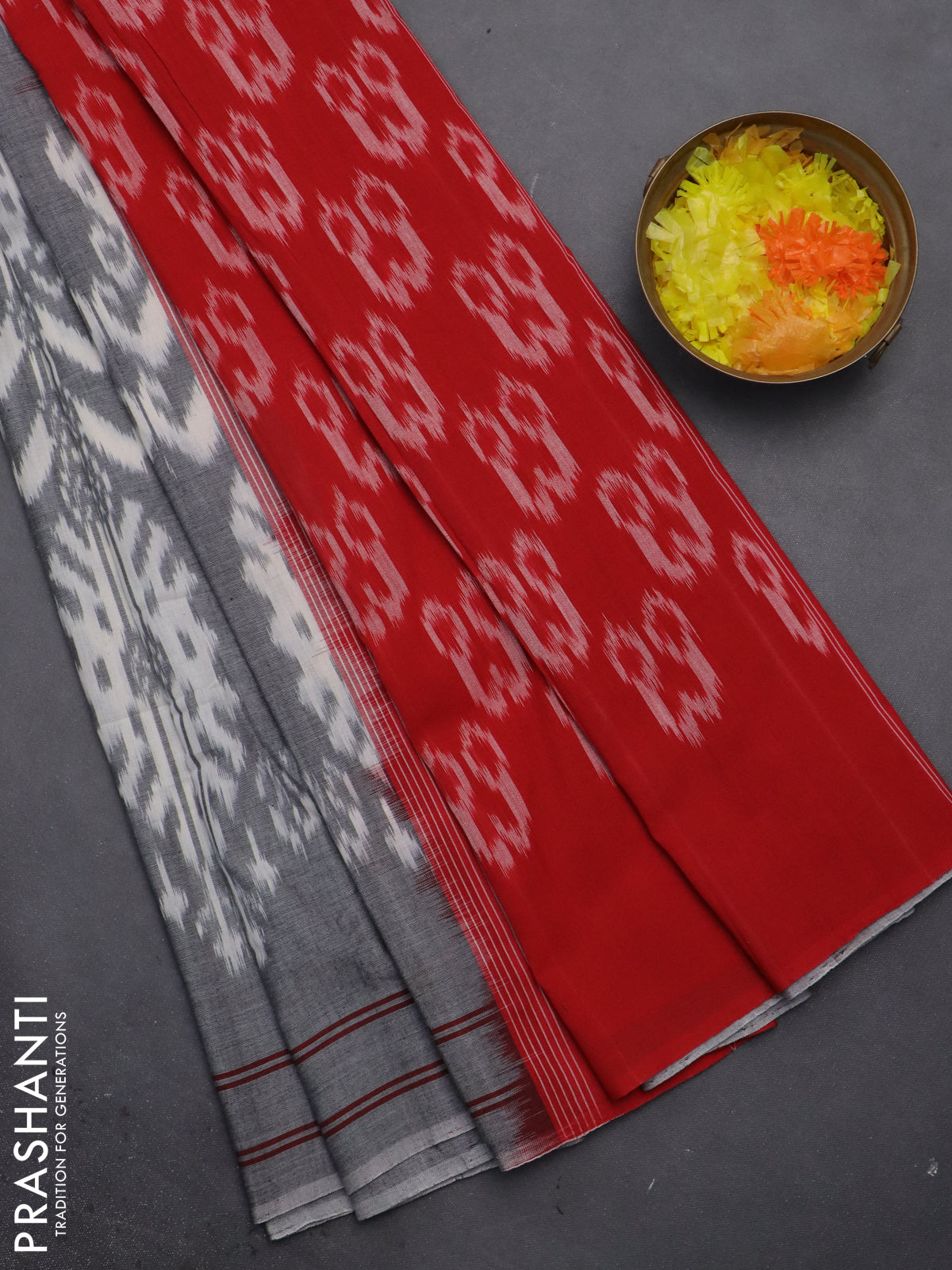 Ikat cotton saree grey and red with allover ikat weaves and simple border
