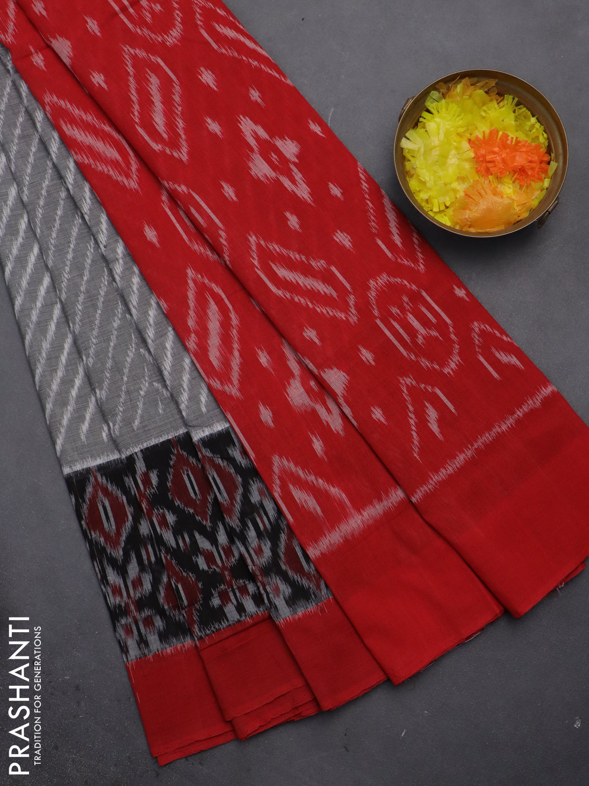 Ikat cotton saree grey black and red with allover ikat weaves and long ikat border