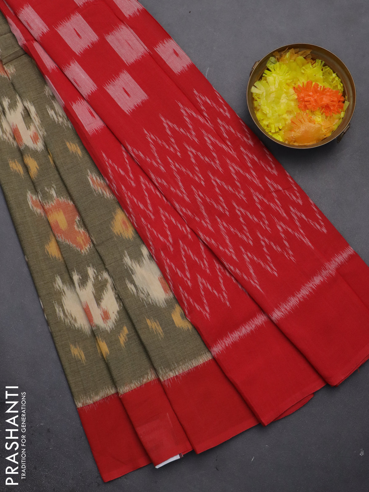 Ikat cotton saree chikku shade and red with allover ikat weaves and simple border