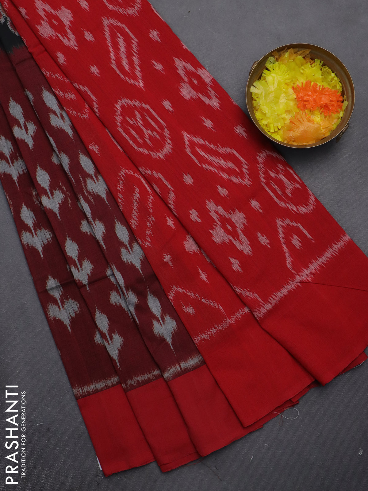 Ikat cotton saree maroon black and red with allover half & half style and simple border