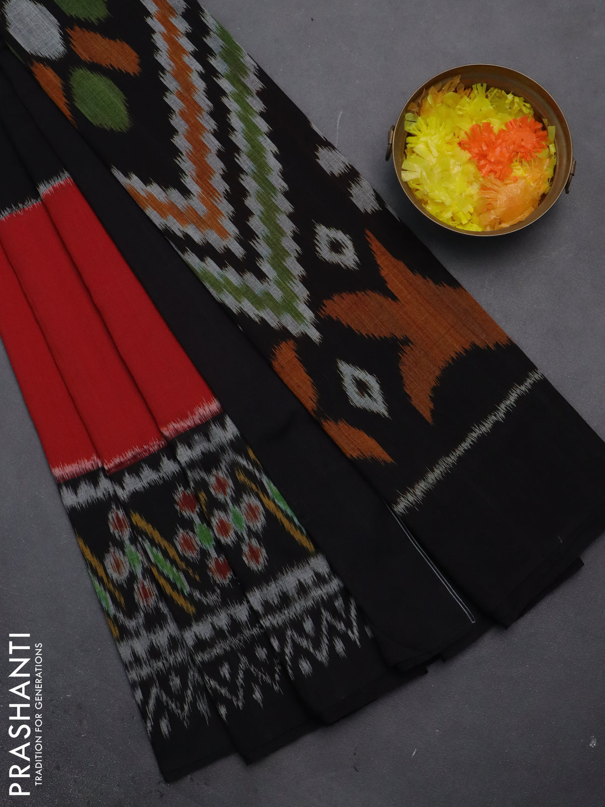 Ikat cotton saree yellow black and red with plain body and long ikat style border