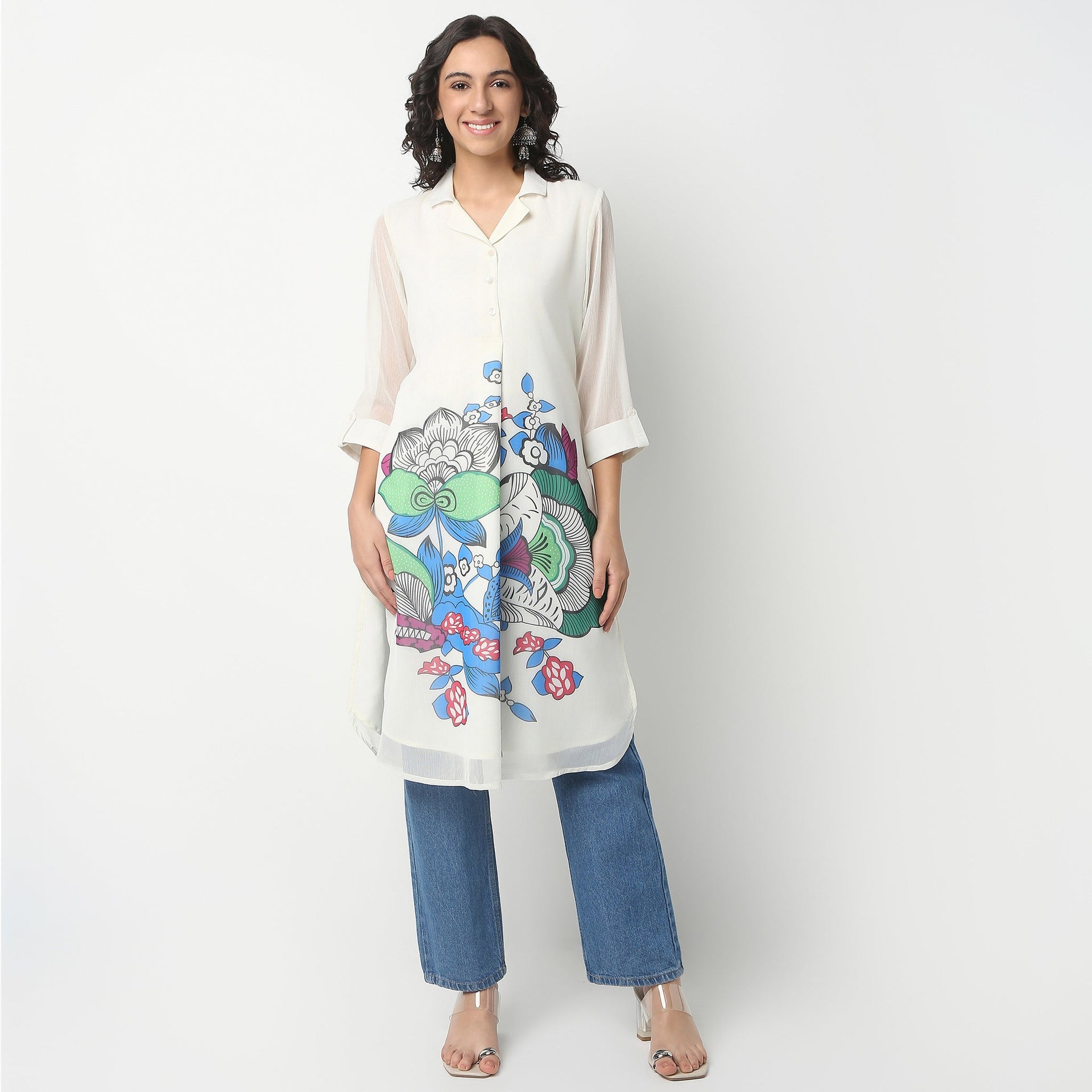 Camp Collar Knee Length Three-Fourth Sleeve Straight Fit Printed Kurta