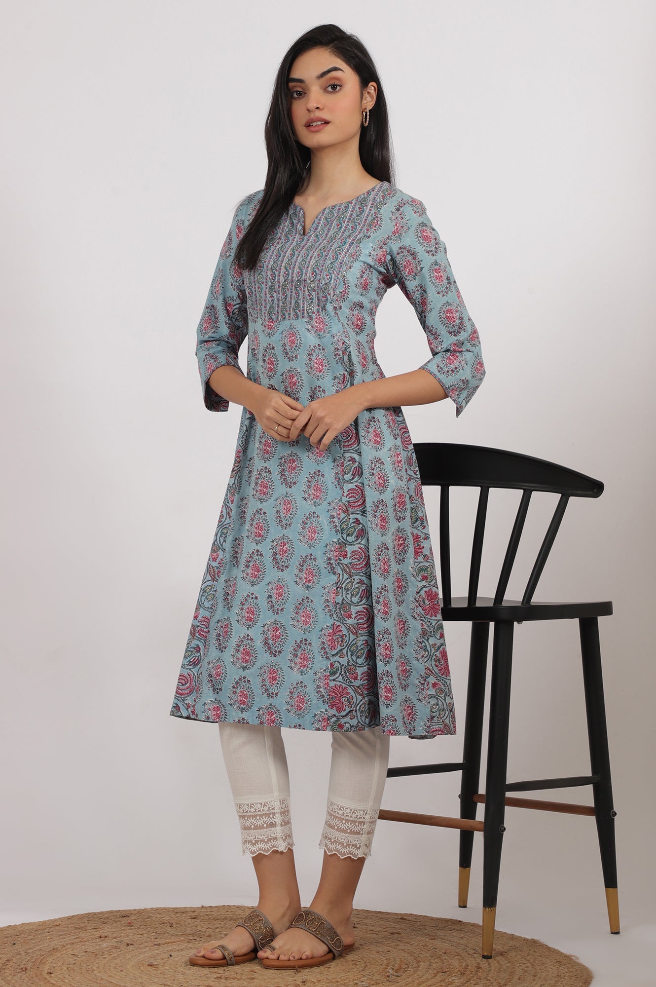 Blue Handblock Printed Flared Kurta in Fine Cotton