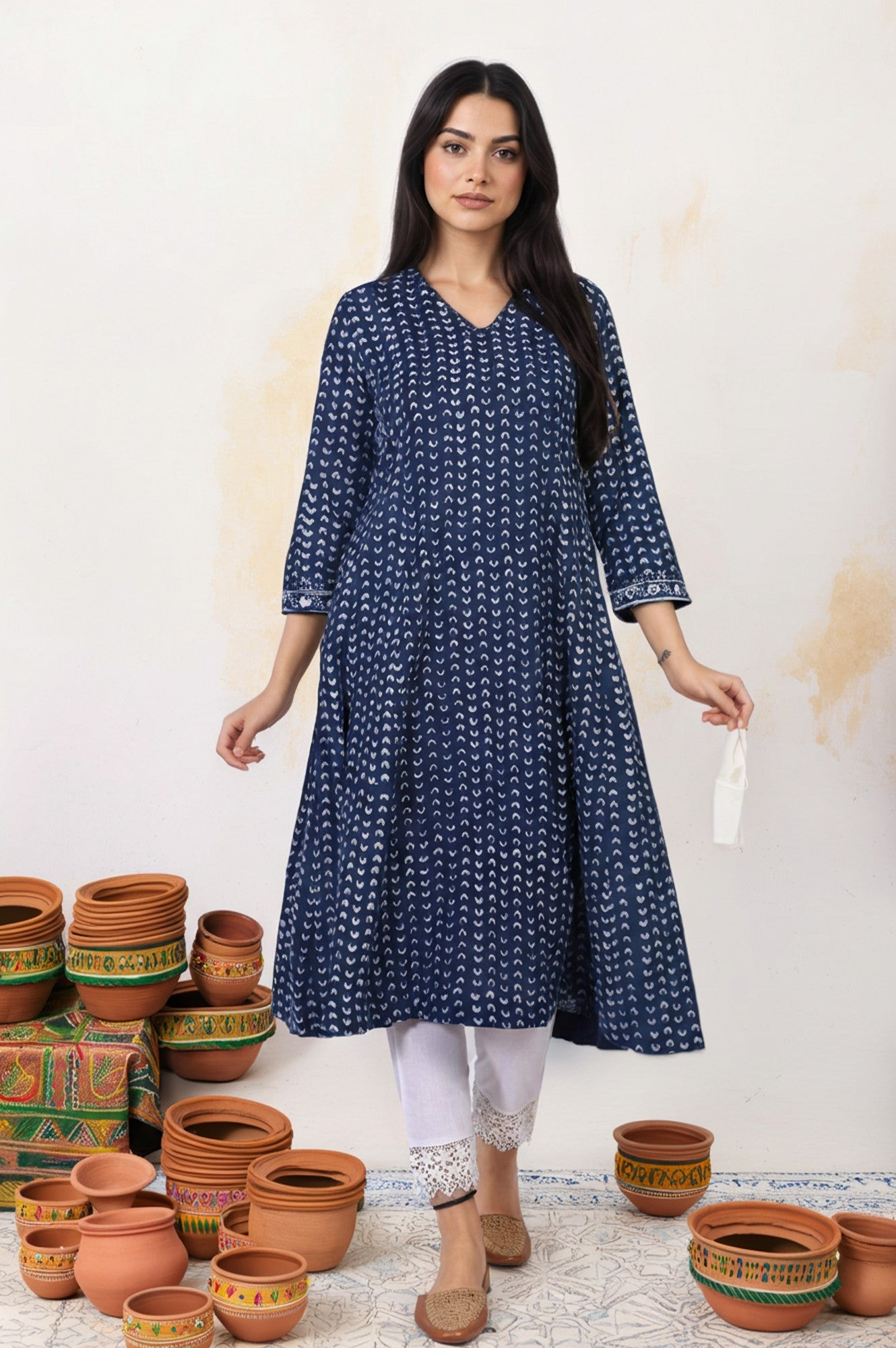 Blue Geometric Dabu Printed Mirror Work A-Line Cotton Kurta